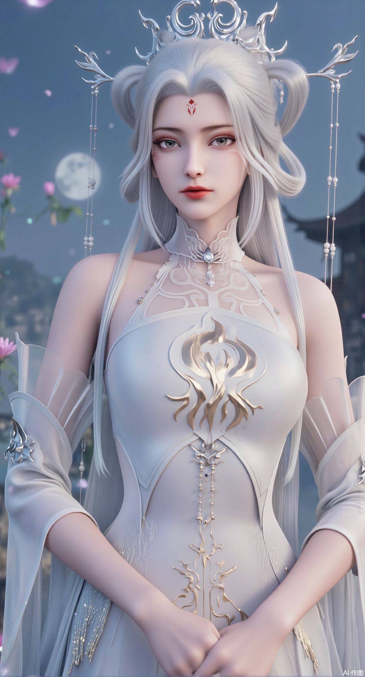 (masterpiece:1.2),best quality,(UE5.5,rendered with Unreal Engine 5,Unreal Engine 5,CG rendering:1.1), highres, extremely detailed, 1girl,(long hair:1.26),School Uniform,looking at viewer, whole body,(big breasts:2.69),Depth of field, (butterflies, ultra detailed, glary,Light, light particles,glitter,reflect:1.29),(huge breasts:2.99), (full breasts:2.99),background, solo, makeup,(Lotus,Water Lily,Blue sky,full moon:1.39),(Lotus pond,ancient Chinese architecture:1.39),Xmoxionghanfu,XluxueqiXY2,Xyaoyuexianzi,Xyuyuanchuyu2,Xfenhanfududou,XtianhuxiaobaiX