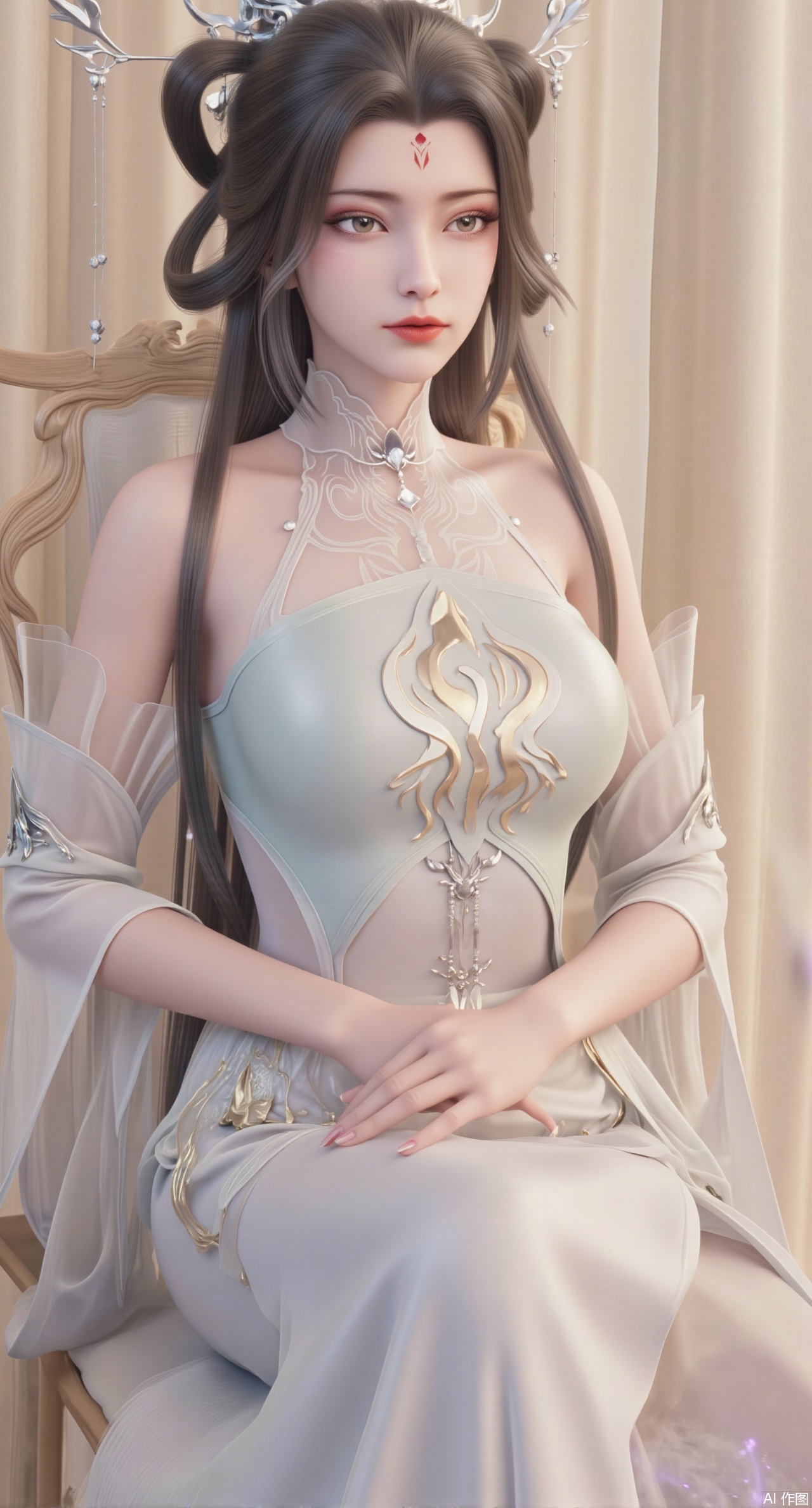 (masterpiece:1.2),best quality,(UE5.5,rendered with Unreal Engine 5,Unreal Engine 5,CG rendering:1.1),A serene maiden dons a light purple bellyband embroidered with bamboo leaves and dewdrops, paired with a mint-green ruqun. Sitting on a bamboo rocking chair, with bamboo curtains swaying gently in the breeze behind her. Cozy atmosphere creation, soft natural light representation, realistic texture of bamboo weaving, glaze luster of porcelain, delicate skin glow, 8K resolution, soft color saturation, Chinese-style ink wash illustration style, fine hair rendering.(huge breasts:2.99),(full breasts:2.99),,Xmoxionghanfu,XluxueqiXY2,Xyaoyuexianzi,Xyuyuanchuyu2,Xfenhanfududou,XtianhuxiaobaiX