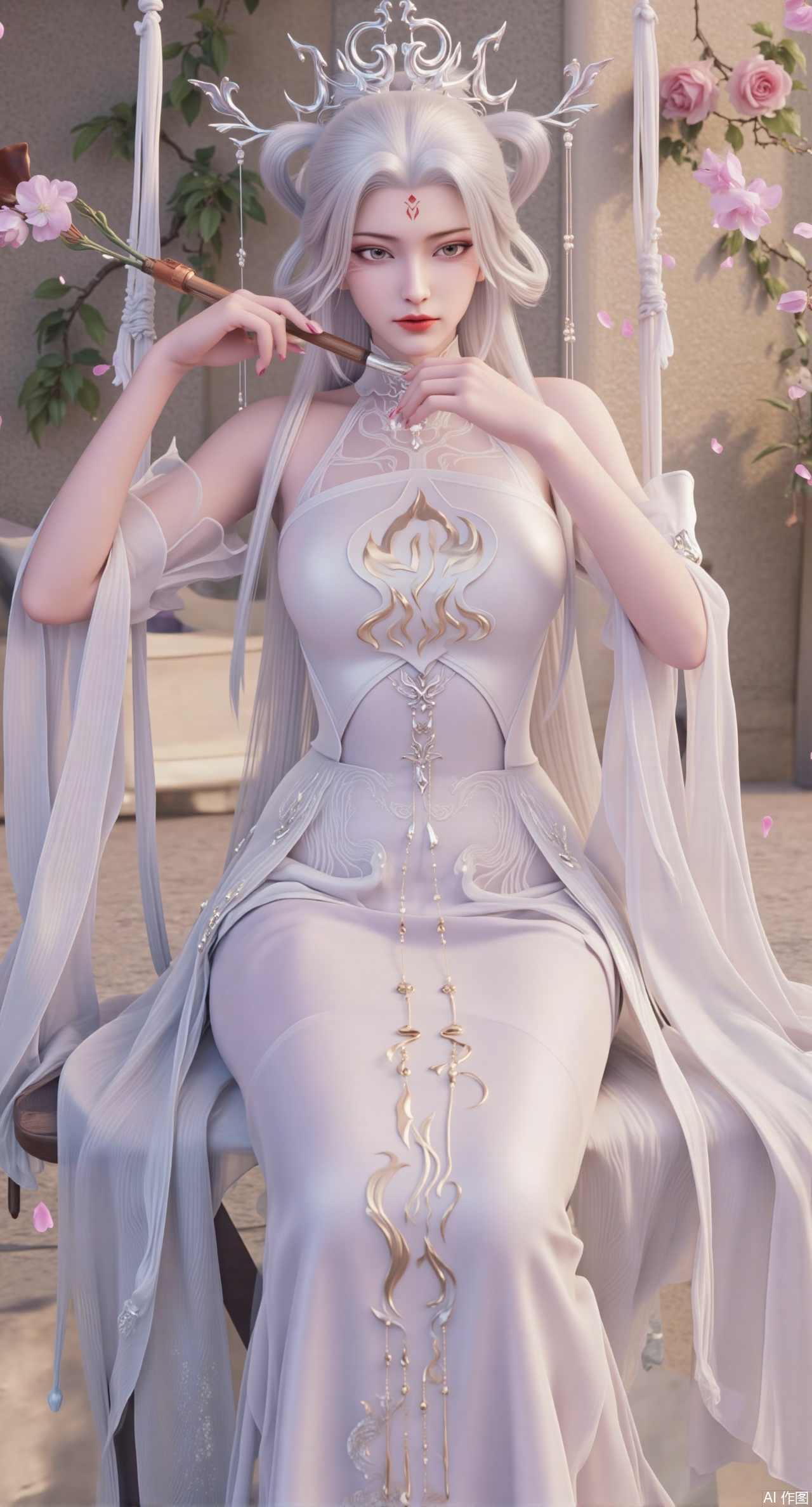 (masterpiece:1.2),best quality,(UE5.5,rendered with Unreal Engine 5,Unreal Engine 5,CG rendering:1.1),A flower courtesan wearing a jadeite hair crown dons a moon-white bellyband embroidered with grape vine patterns, paired with a light purple wide-sleeved ruqun. Sitting on a swing surrounded by blooming flowers, she plays the zheng. As she plucks the strings, falling pear blossoms dance with the musical notes. Behind her, a courtyard wall is covered with climbing roses, and sunlight rims her figure with gold. Transparent texture of jadeite, draping effect of silk, detailed strings of the zheng, falling petal trajectories, bright and soft color tones, 8K resolution, fine dynamic rendering, romantic spring atmosphere.,(huge breasts:2.99),(full breasts:2.99),,Xmoxionghanfu,XluxueqiXY2,Xyaoyuexianzi,Xyuyuanchuyu2,Xfenhanfududou,XtianhuxiaobaiX