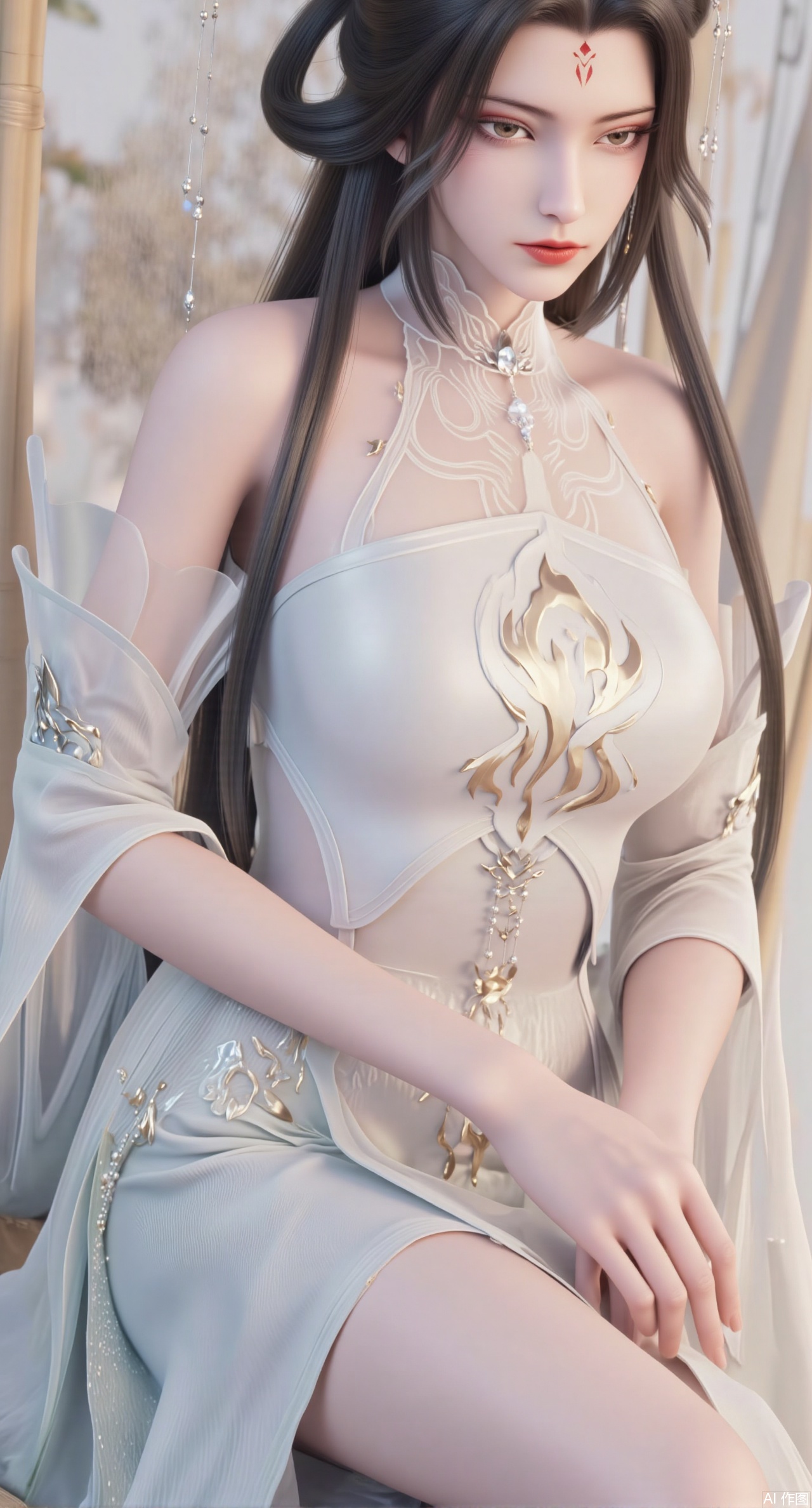 (masterpiece:1.2),best quality,(UE5.5,rendered with Unreal Engine 5,Unreal Engine 5,CG rendering:1.1),A serene maiden dons a light purple bellyband embroidered with bamboo leaves and dewdrops, paired with a mint-green ruqun. Sitting on a bamboo rocking chair, with bamboo curtains swaying gently in the breeze behind her. Cozy atmosphere creation, soft natural light representation, realistic texture of bamboo weaving, glaze luster of porcelain, delicate skin glow, 8K resolution, soft color saturation, Chinese-style ink wash illustration style, fine hair rendering.(huge breasts:2.99),(full breasts:2.99),,Xmoxionghanfu,XluxueqiXY2,Xyaoyuexianzi,Xyuyuanchuyu2,Xfenhanfududou,XtianhuxiaobaiX