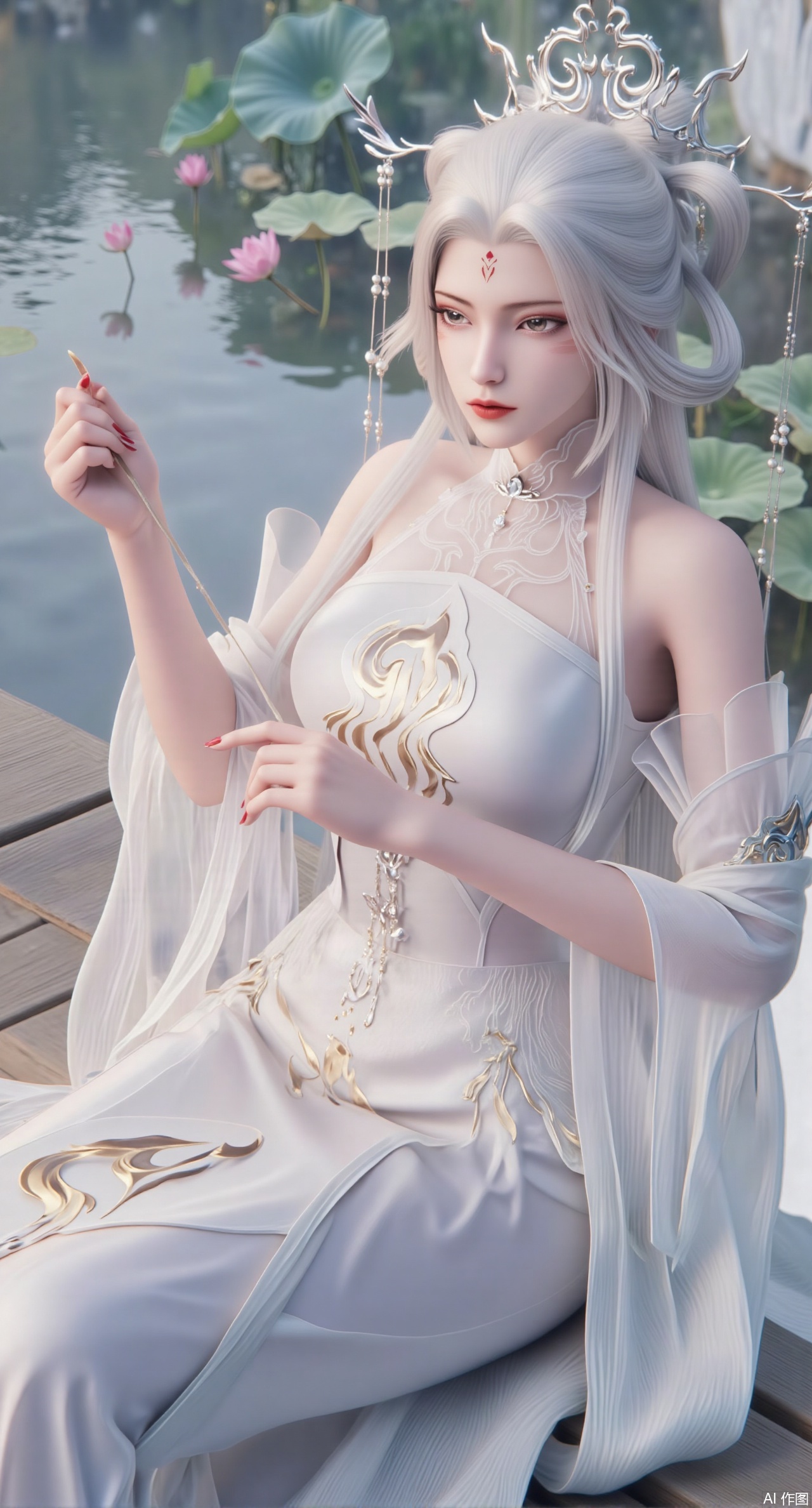 (masterpiece:1.2),best quality,(UE5.5,rendered with Unreal Engine 5,Unreal Engine 5,CG rendering:1.1), An elegant beauty dons a lotus-pink quju dress embroidered with twin lotus flowers, draped in a light blue sheer shawl. Sitting on a wooden platform by the water, she plays the guqin. Her reflection shimmers on the water below, and behind her lies a lotus pond in full bloom. Morning light gilds her hair. Fine embroidery stitches, refractive effect of translucent fabric, ripples and reflections on the water, soft morning light diffusion, draping effect of silk fabric, Chinese-style illustration style.,(huge breasts:2.99), (full breasts:2.99),,Xmoxionghanfu,XluxueqiXY2,Xyaoyuexianzi,Xyuyuanchuyu2,Xfenhanfududou,XtianhuxiaobaiX