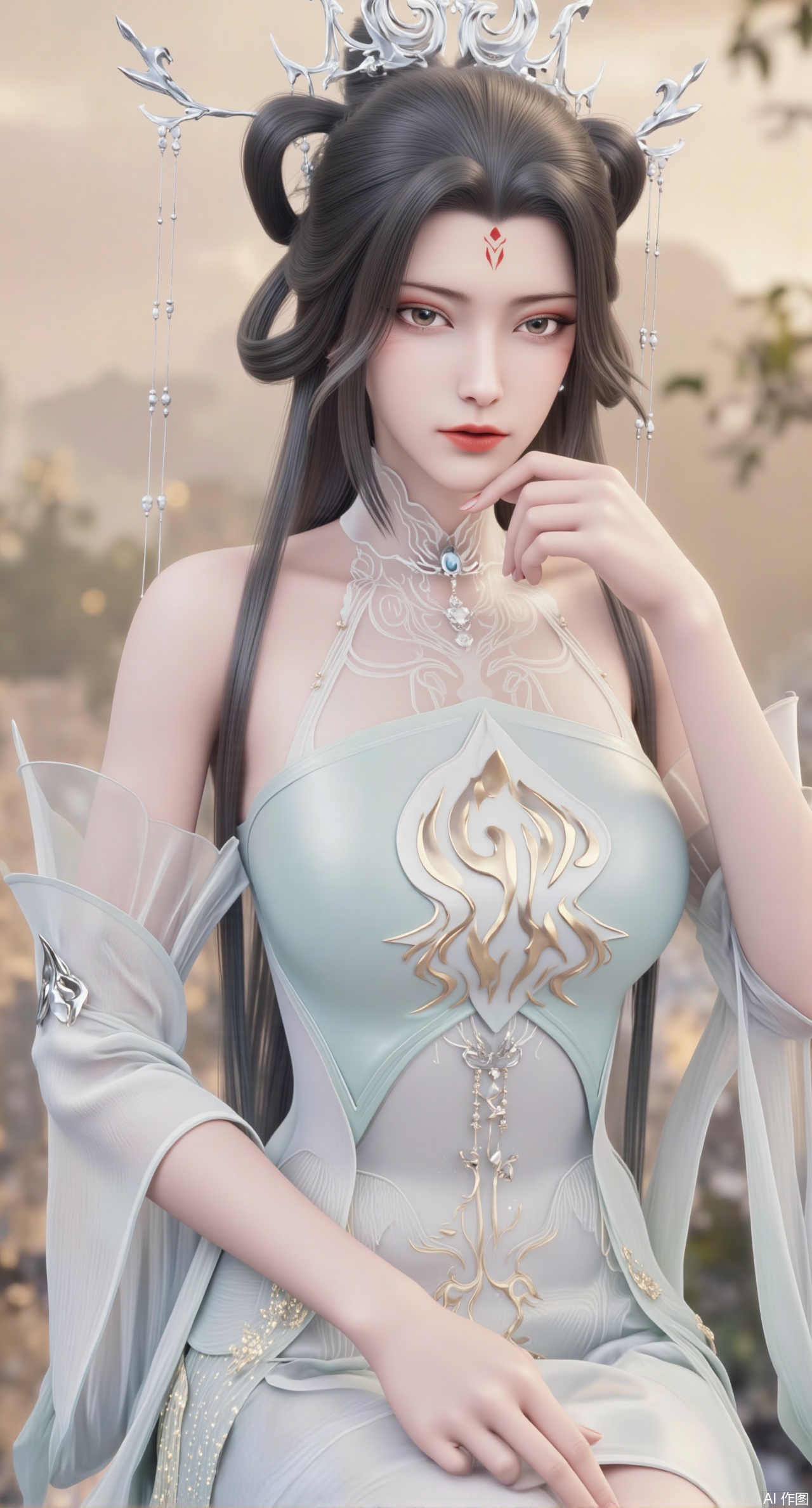 (masterpiece:1.2),best quality,(UE5.5,rendered with Unreal Engine 5,Unreal Engine 5,CG rendering:1.1),A serene maiden dons a light purple bellyband embroidered with bamboo leaves and dewdrops, paired with a mint-green ruqun. Sitting on a bamboo rocking chair, with bamboo curtains swaying gently in the breeze behind her. Cozy atmosphere creation, soft natural light representation, realistic texture of bamboo weaving, glaze luster of porcelain, delicate skin glow, 8K resolution, soft color saturation, Chinese-style ink wash illustration style, fine hair rendering.(huge breasts:2.99),(full breasts:2.99),,Xmoxionghanfu,XluxueqiXY2,Xyaoyuexianzi,Xyuyuanchuyu2,Xfenhanfududou,XtianhuxiaobaiX