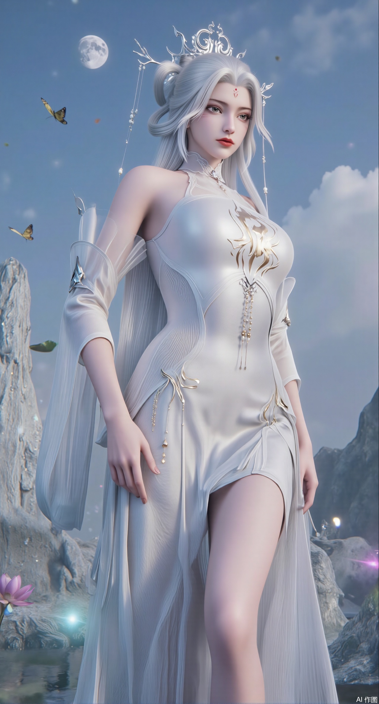 (masterpiece:1.2),best quality,(UE5.5,rendered with Unreal Engine 5,Unreal Engine 5,CG rendering:1.1), highres, extremely detailed, 1girl,(long hair:1.26),School Uniform,looking at viewer, whole body,(big breasts:2.69),Depth of field, (butterflies, ultra detailed, glary,Light, light particles,glitter,reflect:1.29),(huge breasts:2.99), (full breasts:2.99),background, solo, makeup,(Lotus,Water Lily,Blue sky,full moon:1.39),(Lotus pond,ancient Chinese architecture:1.39),Xmoxionghanfu,XluxueqiXY2,Xyaoyuexianzi,Xyuyuanchuyu2,Xfenhanfududou,XtianhuxiaobaiX