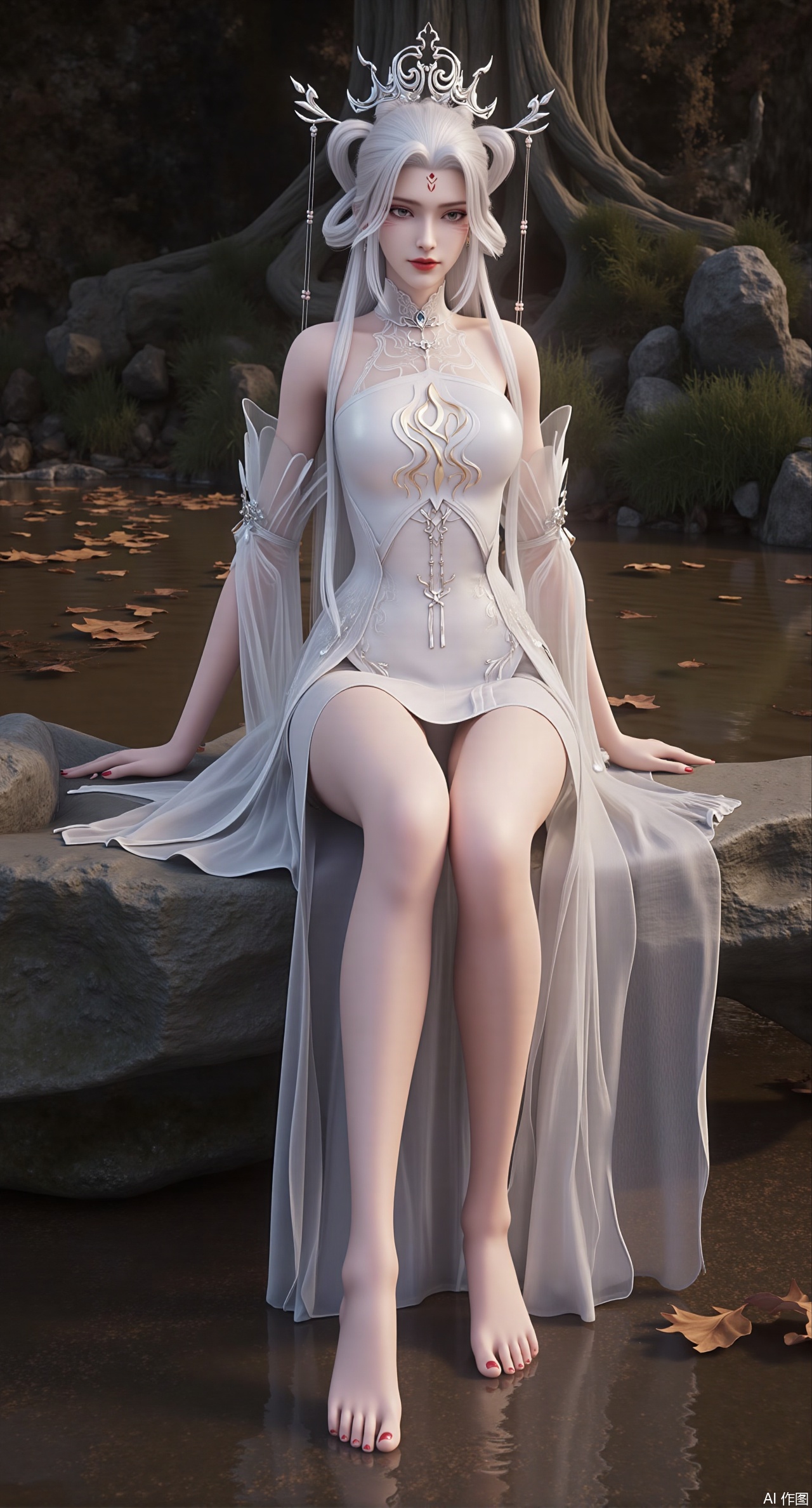 (masterpiece, best quality:1.2),,(UE5.5,rendered with Unreal Engine 5,Unreal Engine 5,CG rendering:1.1),.(huge breasts:2.69),full-body picture Composition from different angles A girl sitting on a stream stone solo Long hair Watching the audience Hair accessories white dress. There is white embroidery on the skirt. White hair Earrings Necklace Show your legs Long legs Tall guy A faint smile eye shadow Red lips eyelash barefoot water Happy greeting to the camera Red lips There is a mark on the forehead forest. Moss grows all over the stones. clean water. Maple tree. fallen leaves. Leaves are floating on the water surface. The ground is covered with maple leaves. Realistic. Ultra clear. 8K. A masterpiece. Natural light..(huge breasts:2.99),(full breasts:2.99),Xzisehanfu,XluxueqiXY,Xyaoyue,Xyuyuanchuyu,Xsexhanfududou,XzhuxianxiaobaiX