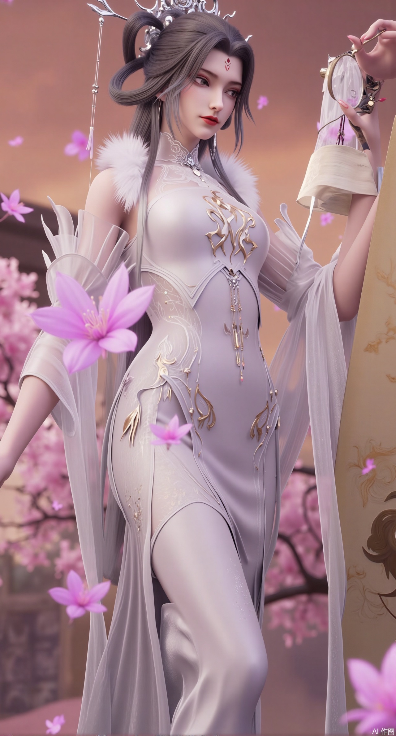 (masterpiece, best quality:1.2),,(UE5.5,rendered with Unreal Engine 5,Unreal Engine 5,CG rendering:1.1),.(huge breasts:2.69),A flower courtesan with a snow-white fox fur stole around her neck dons a lilac-purple bellyband embroidered with hummingbirds playing among flower stamens. In the Peony Pavilion, she appreciates a scroll painting. Holding a magnifying glass, she examines the ancient artwork closely. Beside her, a flower stand displays peonies in full bloom. As the spring breeze blows, it lifts the edges of the silk scroll. Soft fur of the fox stole, yellowed texture of the ancient painting, vibrant colors of peonies, luster of the silk scroll, bright and rich color tones, 8K quality, fine detail portrayal, soft natural lighting..(huge breasts:2.99),(full breasts:2.99),Xzisehanfu,XluxueqiXY,Xyaoyue,Xyuyuanchuyu,Xsexhanfududou,XzhuxianxiaobaiX