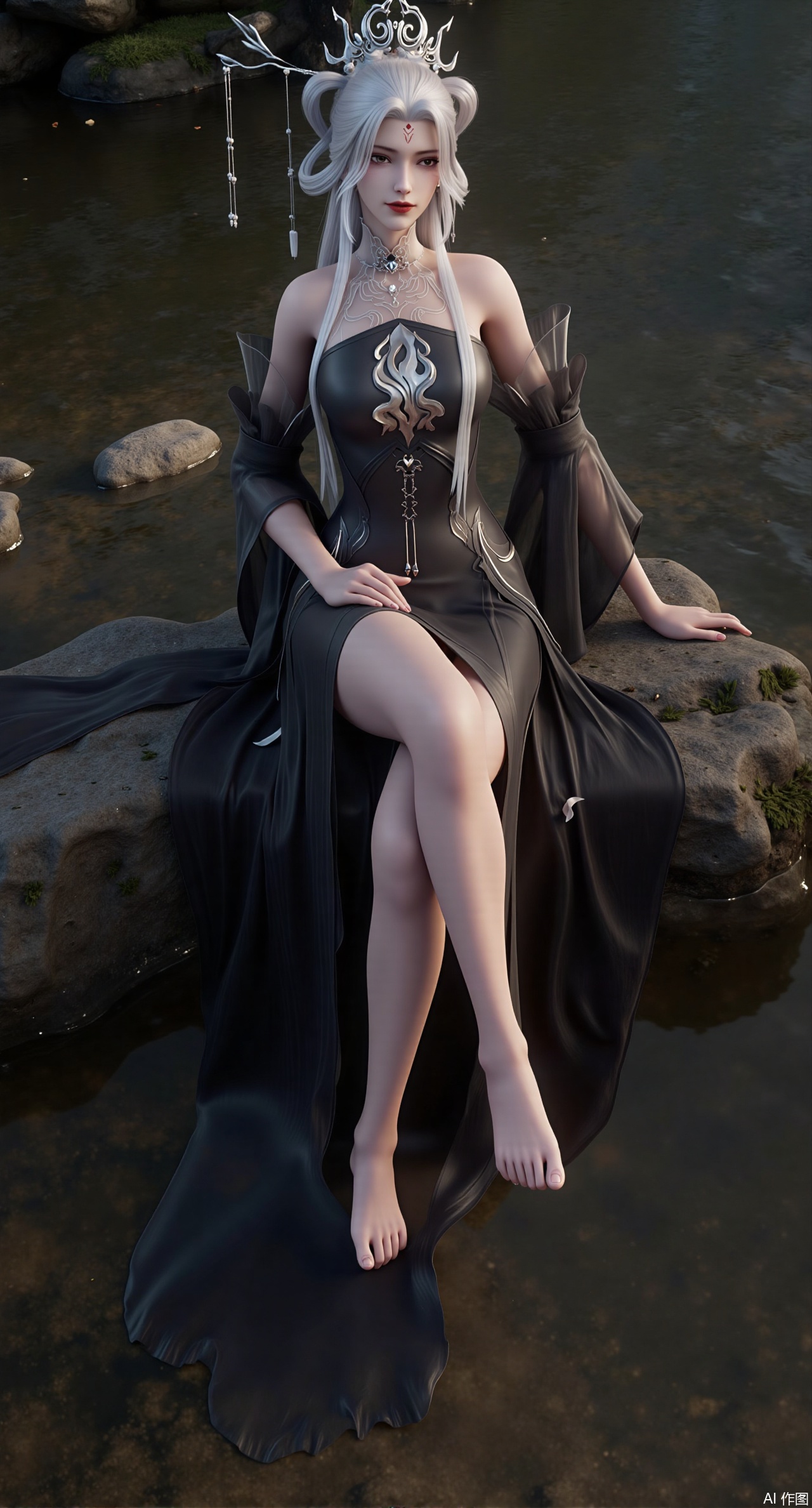 (masterpiece, best quality:1.2),,(UE5.5,rendered with Unreal Engine 5,Unreal Engine 5,CG rendering:1.1),.(huge breasts:2.69),full-body picture Composition from different angles A girl sitting on a stream stone solo Long hair Watching the audience Hair accessories Black dress. There is white embroidery on the skirt. White hair Earrings Necklace Show your legs Long legs Tall guy A faint smile eye shadow Red lips eyelash barefoot water Happy greeting to the camera Red lips There is a mark on the forehead forest. Moss grows all over the stones. clean water. Maple tree. fallen leaves. Leaves are floating on the water surface. The ground is covered with maple leaves. Realistic. Ultra clear. 8K. A masterpiece. Natural light..(huge breasts:2.99),(full breasts:2.99),Xzisehanfu,XluxueqiXY,Xyaoyue,Xyuyuanchuyu,Xsexhanfududou,XzhuxianxiaobaiX