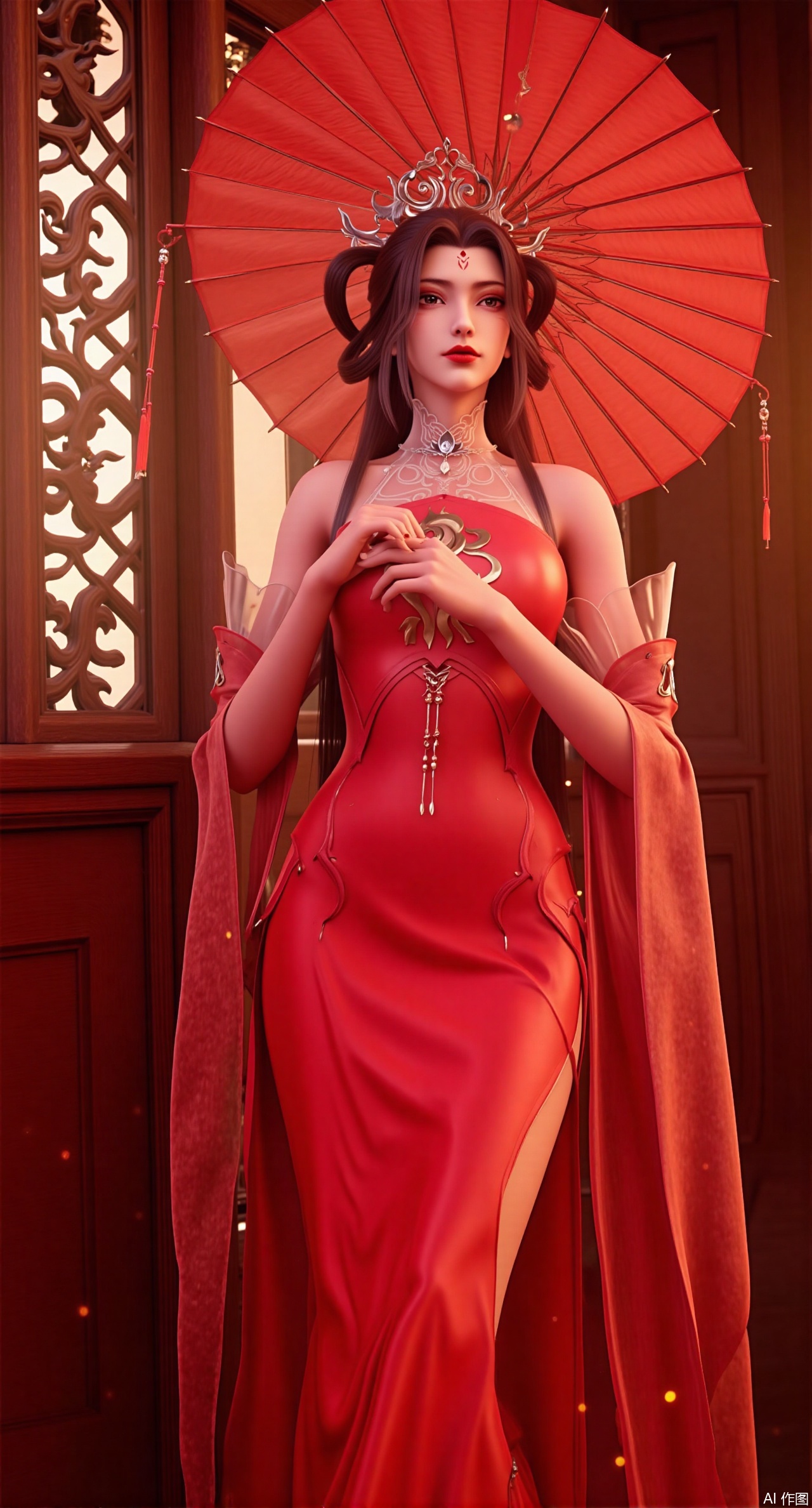 (masterpiece:1.2),best quality,(UE5.5,rendered with Unreal Engine 5,Unreal Engine 5,CG rendering:1.1), A stunning beauty wears a bright red wrap-around ruqun embroidered with phoenixes and peonies, paired with a red brocade cape. Holding a red oil-paper umbrella, she stands in front of a carved wooden door. Behind her, patterned window lattice casts dappled light, and sunlight rims her skirt with gold. Lustrous texture of luxurious silk, exquisite embroidery details, texture of the oil-paper umbrella, light projection on the lattice, strong color contrast, imperial ancient-style atmosphere..(huge breasts:2.99), (full breasts:2.99),,,Xzisehanfu,XluxueqiXY,Xyaoyue,Xyuyuanchuyu,Xsexhanfududou,XzhuxianxiaobaiX