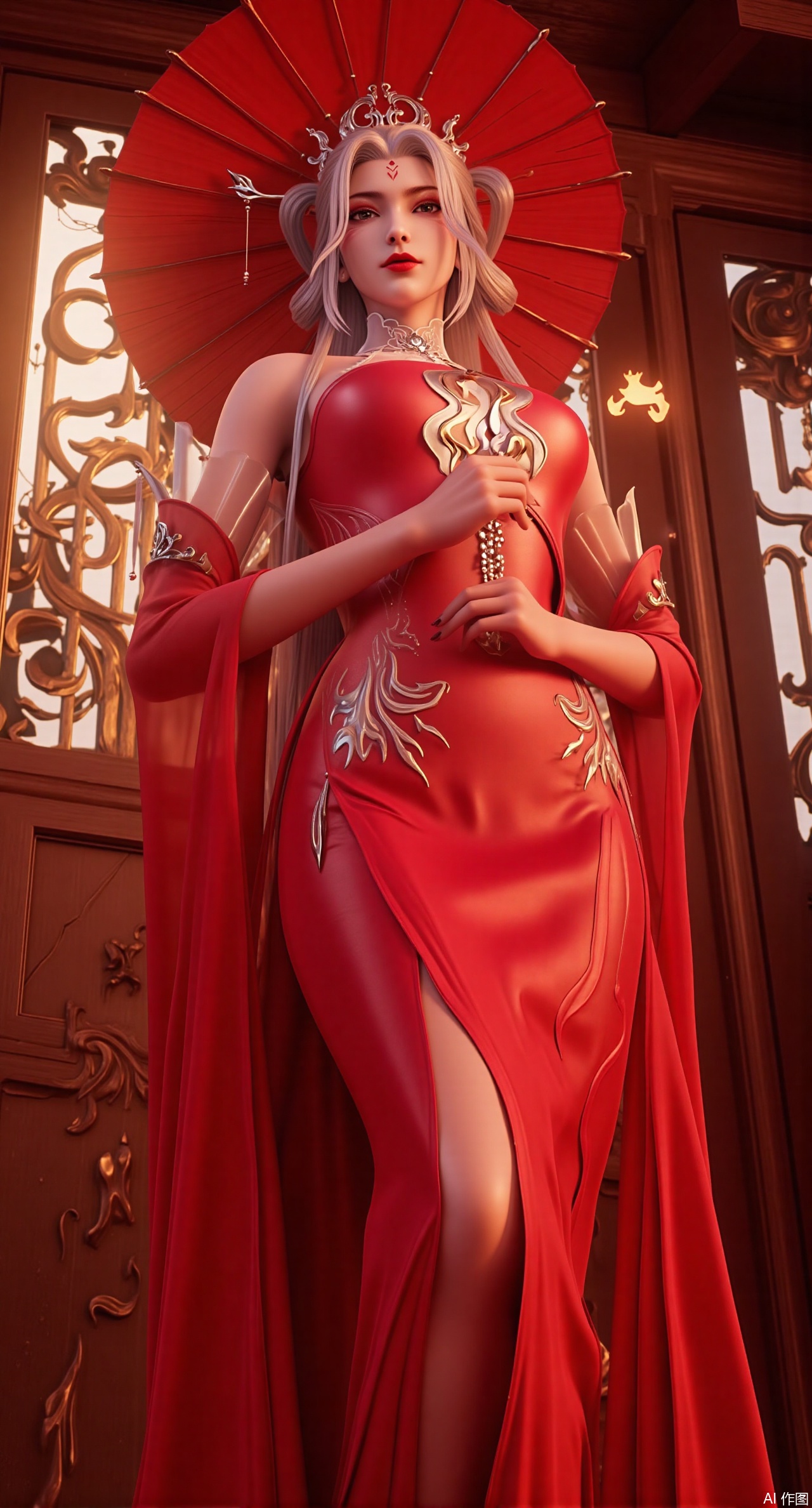 (masterpiece:1.2),best quality,(UE5.5,rendered with Unreal Engine 5,Unreal Engine 5,CG rendering:1.1), A stunning beauty wears a bright red wrap-around ruqun embroidered with phoenixes and peonies, paired with a red brocade cape. Holding a red oil-paper umbrella, she stands in front of a carved wooden door. Behind her, patterned window lattice casts dappled light, and sunlight rims her skirt with gold. Lustrous texture of luxurious silk, exquisite embroidery details, texture of the oil-paper umbrella, light projection on the lattice, strong color contrast, imperial ancient-style atmosphere..(huge breasts:2.99), (full breasts:2.99),,,Xzisehanfu,XluxueqiXY,Xyaoyue,Xyuyuanchuyu,Xsexhanfududou,XzhuxianxiaobaiX