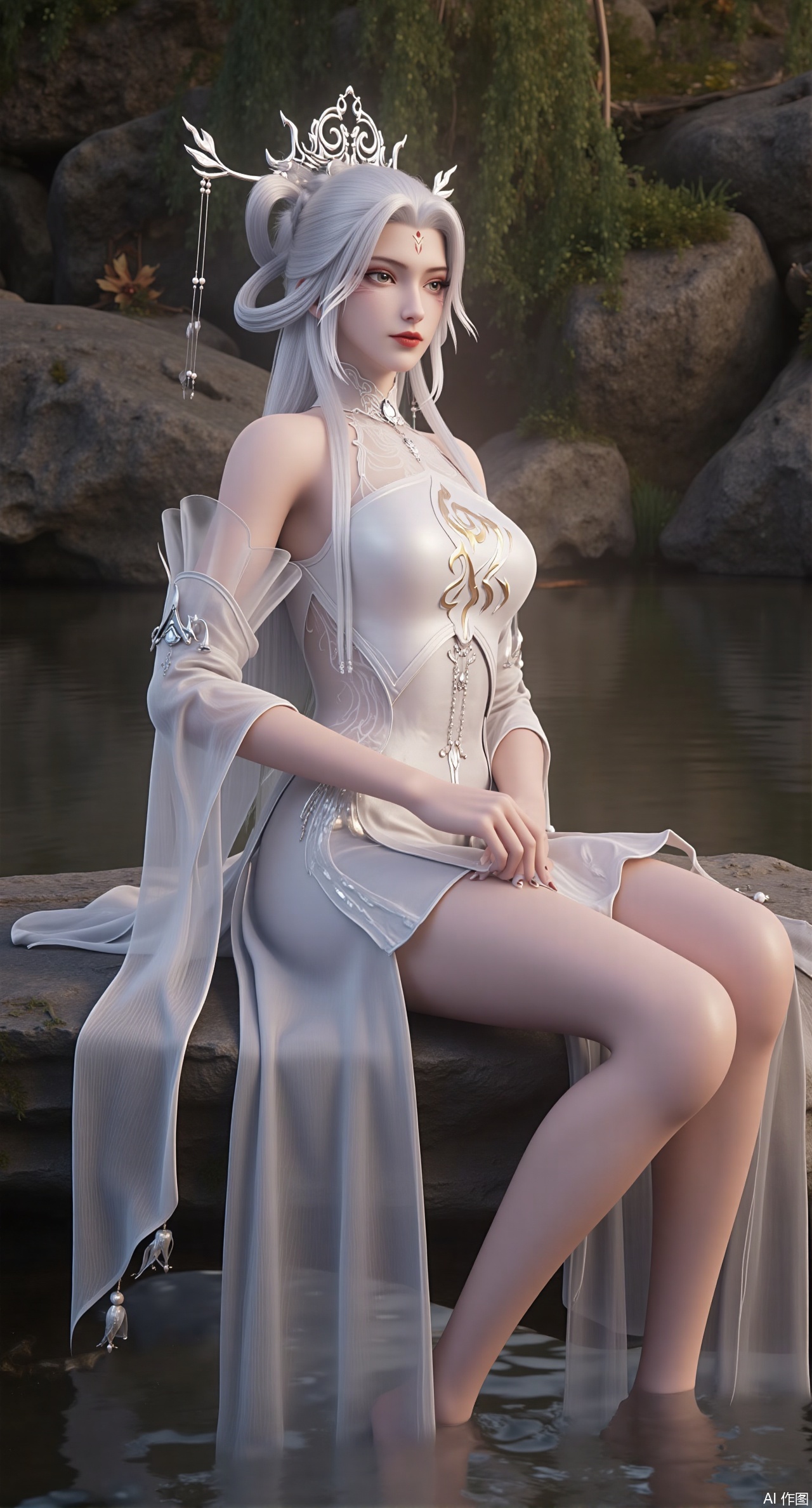 (masterpiece, best quality:1.2),,(UE5.5,rendered with Unreal Engine 5,Unreal Engine 5,CG rendering:1.1),.(huge breasts:2.69),full-body picture Composition from different angles A girl sitting on a stream stone solo Long hair Watching the audience Hair accessories white dress. There is white embroidery on the skirt. White hair Earrings Necklace Show your legs Long legs Tall guy A faint smile eye shadow Red lips eyelash barefoot water Happy greeting to the camera Red lips There is a mark on the forehead forest. Moss grows all over the stones. clean water. Maple tree. fallen leaves. Leaves are floating on the water surface. The ground is covered with maple leaves. Realistic. Ultra clear. 8K. A masterpiece. Natural light..(huge breasts:2.99),(full breasts:2.99),Xzisehanfu,XluxueqiXY,Xyaoyue,Xyuyuanchuyu,Xsexhanfududou,XzhuxianxiaobaiX