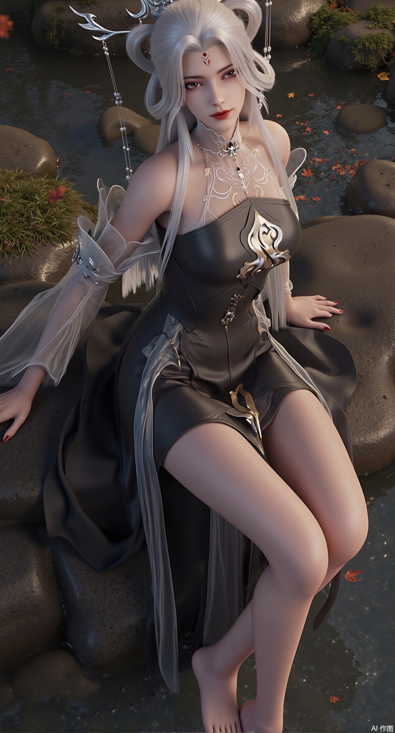 (masterpiece, best quality:1.2),,(UE5.5,rendered with Unreal Engine 5,Unreal Engine 5,CG rendering:1.1),.(huge breasts:2.69),full-body picture Composition from different angles A girl sitting on a stream stone solo Long hair Watching the audience Hair accessories Black dress. There is white embroidery on the skirt. White hair Earrings Necklace Show your legs Long legs Tall guy A faint smile eye shadow Red lips eyelash barefoot water Happy greeting to the camera Red lips There is a mark on the forehead forest. Moss grows all over the stones. clean water. Maple tree. fallen leaves. Leaves are floating on the water surface. The ground is covered with maple leaves. Realistic. Ultra clear. 8K. A masterpiece. Natural light..(huge breasts:2.99),(full breasts:2.99),Xzisehanfu,XluxueqiXY,Xyaoyue,Xyuyuanchuyu,Xsexhanfududou,XzhuxianxiaobaiX