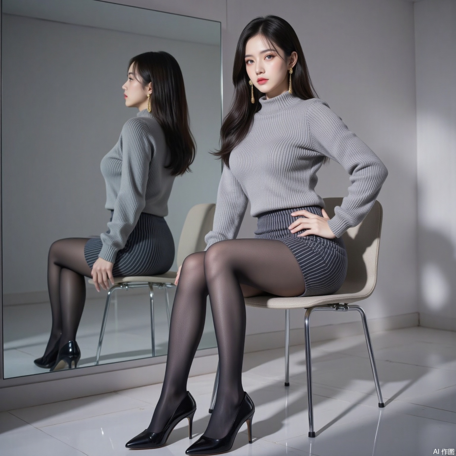 siwataozhuang,lvjing,nvdi,black hair,long hair,blue eyes,fair_skin,jewelry,earrings, 1girl,solo,pantyhose,skirt,high heels,striped skirt,black pantyhose,sitting,chair,crossed_legs,full body,hand on own hip,striped clothes,black footwear,pencil skirt,reflection,legs,indoors,sweater,1,cover,simple background,gradient background,close-up details,outstanding style,adding a touch of dimension to your images without compromising details,close-up,pifu,
pifu,nvdi,long legs,