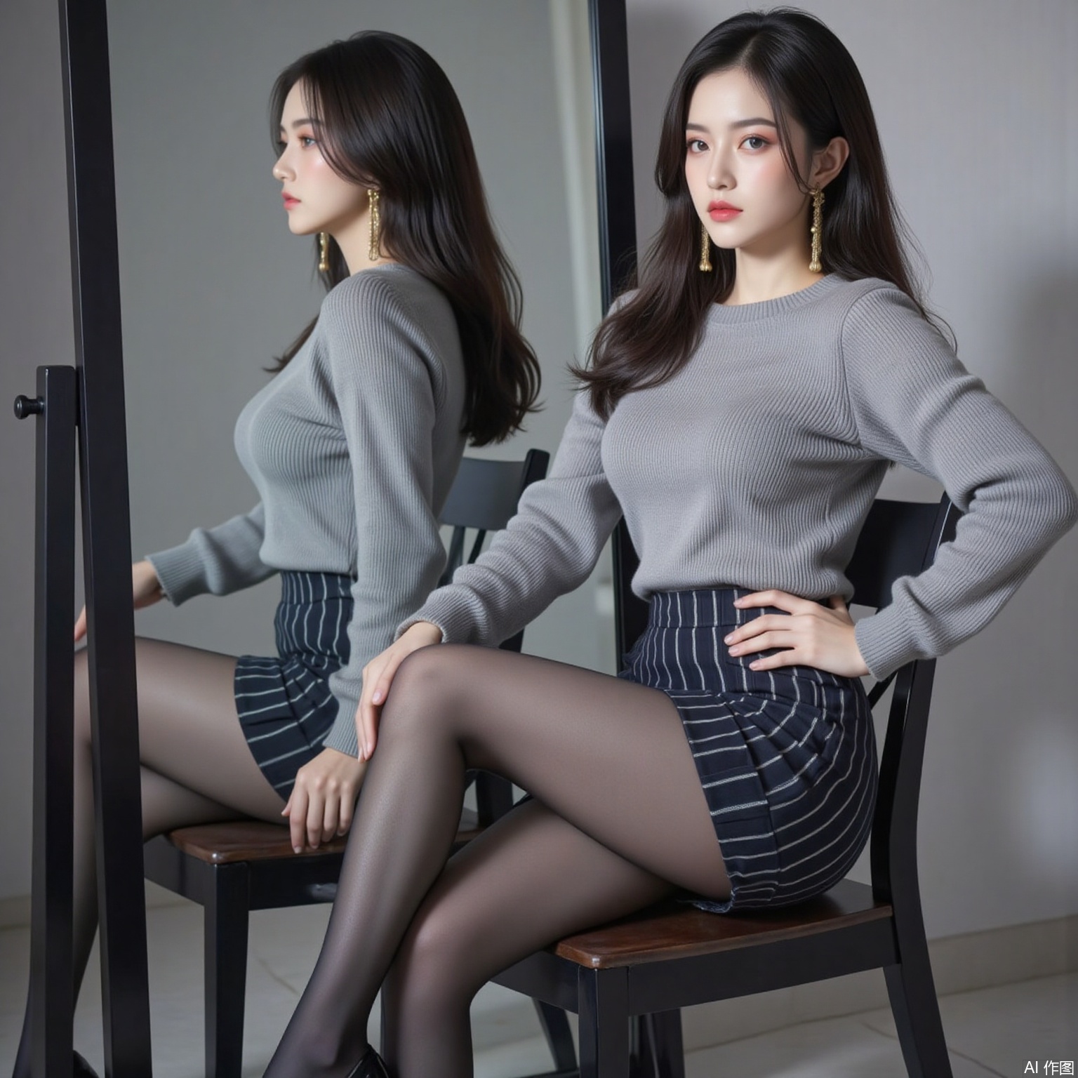 siwataozhuang,lvjing,nvdi,black hair,long hair,blue eyes,fair_skin,jewelry,earrings, 1girl,solo,pantyhose,skirt,high heels,striped skirt,black pantyhose,sitting,chair,crossed_legs,full body,hand on own hip,striped clothes,black footwear,pencil skirt,reflection,legs,indoors,sweater,1,cover,simple background,gradient background,close-up details,outstanding style,adding a touch of dimension to your images without compromising details,close-up,pifu,
pifu,nvdi,long legs,