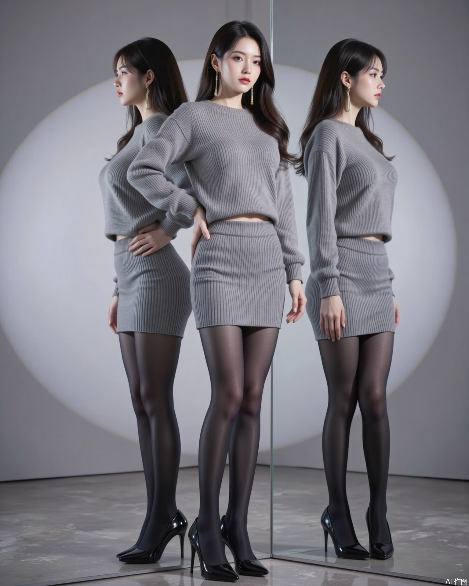 siwataozhuang,baoshi,lvjing,nvdi,black hair,long hair,blue eyes,fair_skin,jewelry,earrings, 1girl,solo,pantyhose,skirt,high heels,striped skirt,black pantyhose,standing,full body,hand on own hip,striped clothes,black footwear,pencil skirt,reflection,legs,indoors,sweater,1,cover,simple background,gradient background,close-up details,outstanding style,adding a touch of dimension to your images without compromising details,close-up,pifu