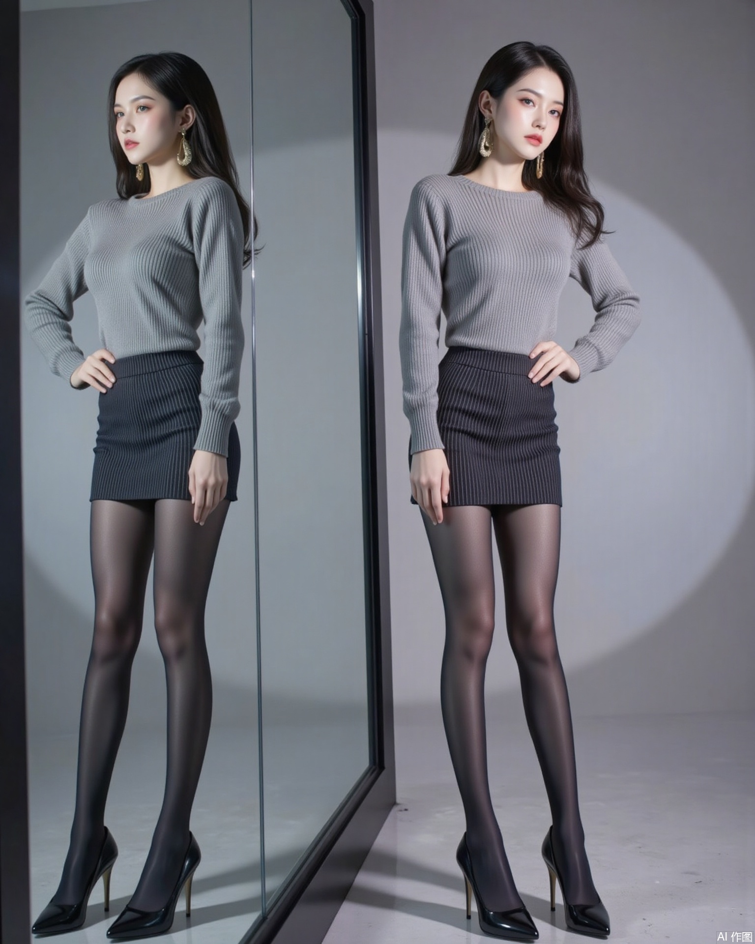 siwataozhuang,lvjing,nvdi,long legs,black hair,long hair,blue eyes,fair_skin,jewelry,earrings, 1girl,solo,pantyhose,skirt,high heels,striped skirt,black pantyhose,standing,full body,hand on own hip,striped clothes,black footwear,pencil skirt,reflection,legs,indoors,sweater,1,cover,simple background,gradient background,close-up details,outstanding style,adding a touch of dimension to your images without compromising details,close-up,pifu