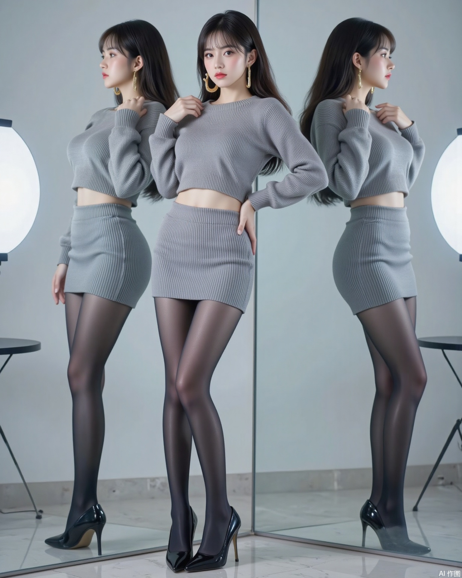 siwataozhuang,lvjing,nvdi,long legs,black hair,long hair,blue eyes,fair_skin,jewelry,earrings, 1girl,solo,pantyhose,skirt,high heels,striped skirt,black pantyhose,standing,full body,hand on own hip,striped clothes,black footwear,pencil skirt,reflection,legs,indoors,sweater,1,cover,simple background,gradient background,close-up details,outstanding style,adding a touch of dimension to your images without compromising details,close-up,pifu