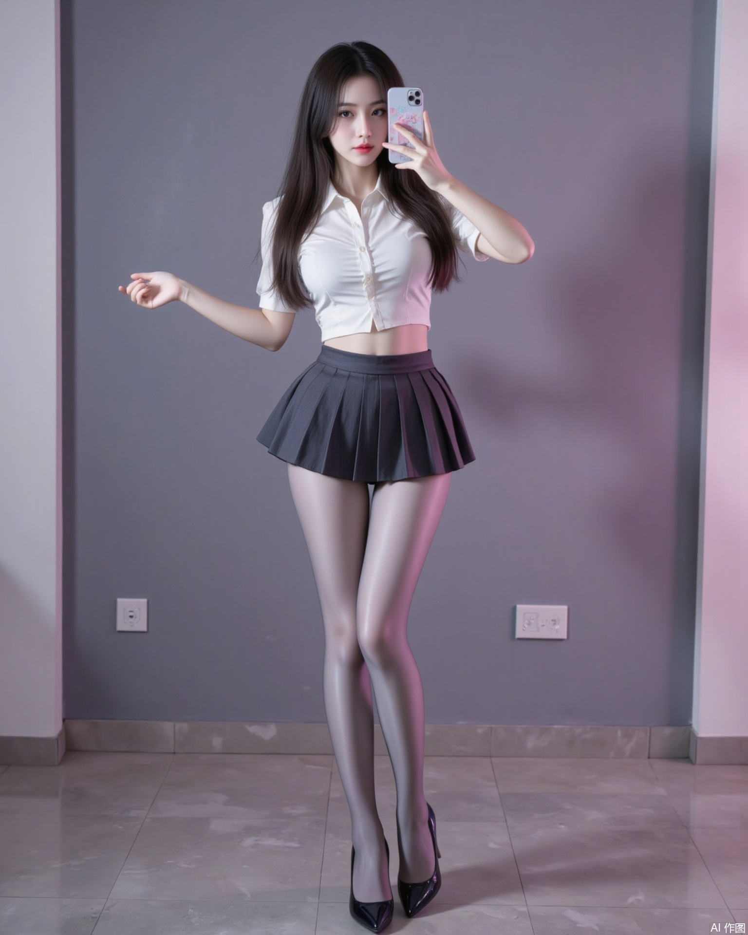 siwataozhuang,1girl,solo,pantyhose,selfie,long hair,skirt,breasts,phone,black hair,cellphone,large breasts,shirt,smartphone,pleated skirt,full body,white shirt,holding phone,standing,holding,reflection,black footwear,miniskirt,school uniform,black skirt,indoors,high heels,taking picture,1,cover,simple background,gradient background,close-up details,outstanding style,adding a touch of dimension to your images without compromising details,close-up,
lvjing,pifu,nvdi,long legs,