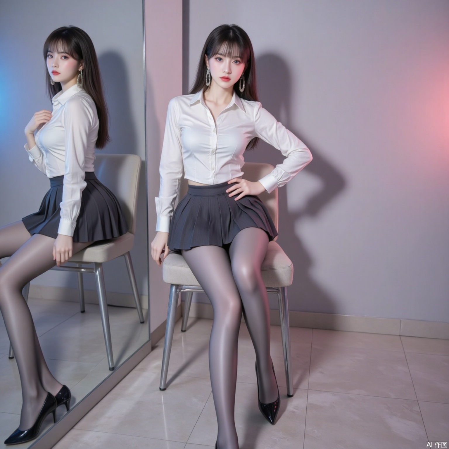 siwataozhuang,long legs,baoshi,lvjing,nvdi,black hair,long hair,blue eyes,fair_skin,jewelry,earrings, 1girl,solo,pantyhose,skirt,breasts,large breasts,shirt,pleated skirt,full body,white shirt,crossed_legs,chair,holding,reflection,black footwear,miniskirt,school uniform,black skirt,indoors,high heels,1,hand on own hip,cover,simple background,gradient background,close-up details,outstanding style,adding a touch of dimension to your images without compromising details,close-up,
lvjing,pifu,nvdi,long legs,