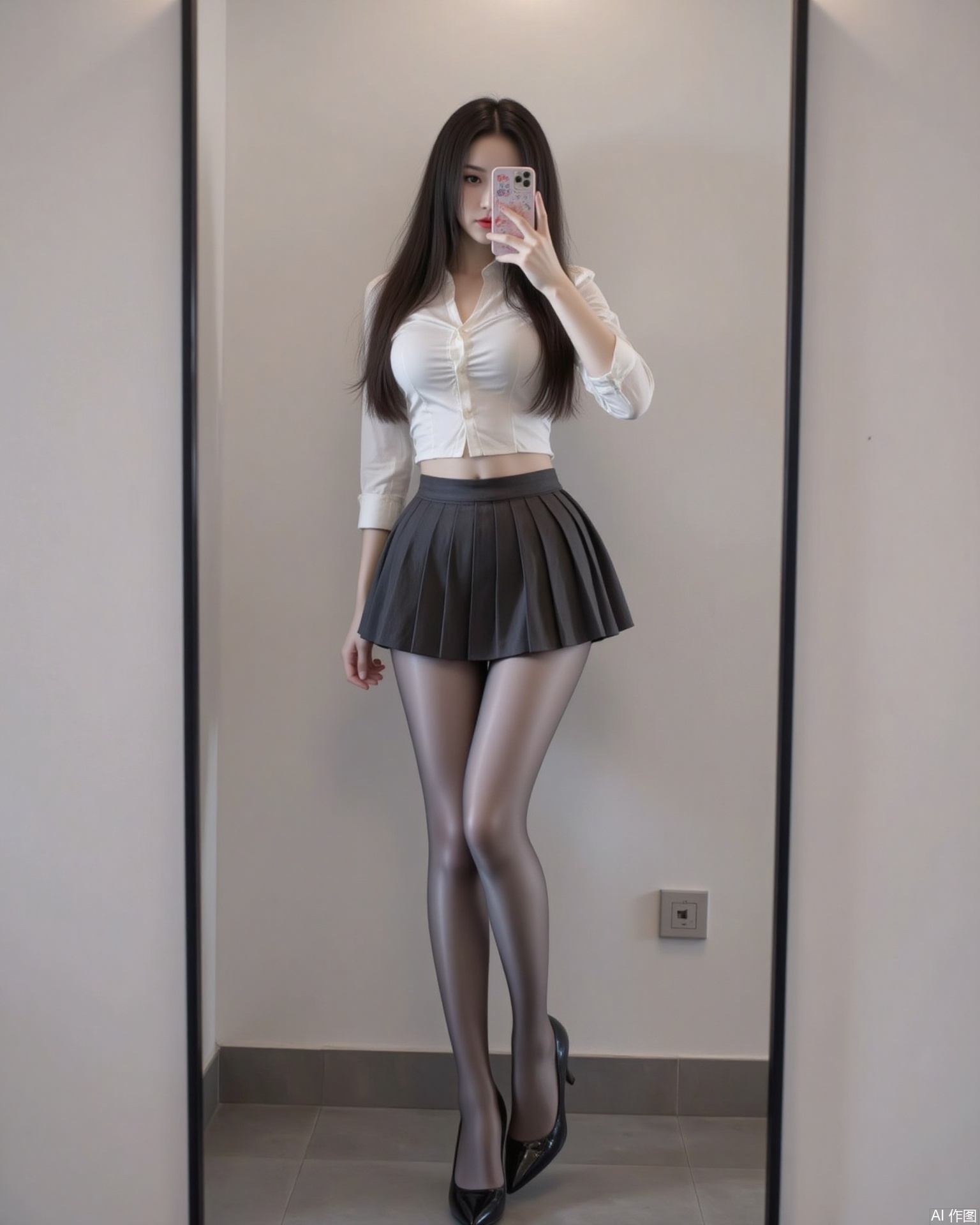 siwataozhuang,1girl,solo,pantyhose,selfie,long hair,skirt,breasts,phone,black hair,cellphone,large breasts,shirt,smartphone,pleated skirt,full body,white shirt,holding phone,standing,holding,reflection,black footwear,miniskirt,school uniform,black skirt,indoors,high heels,taking picture,1,cover,simple background,gradient background,close-up details,outstanding style,adding a touch of dimension to your images without compromising details,close-up,
lvjing,pifu,nvdi,long legs,