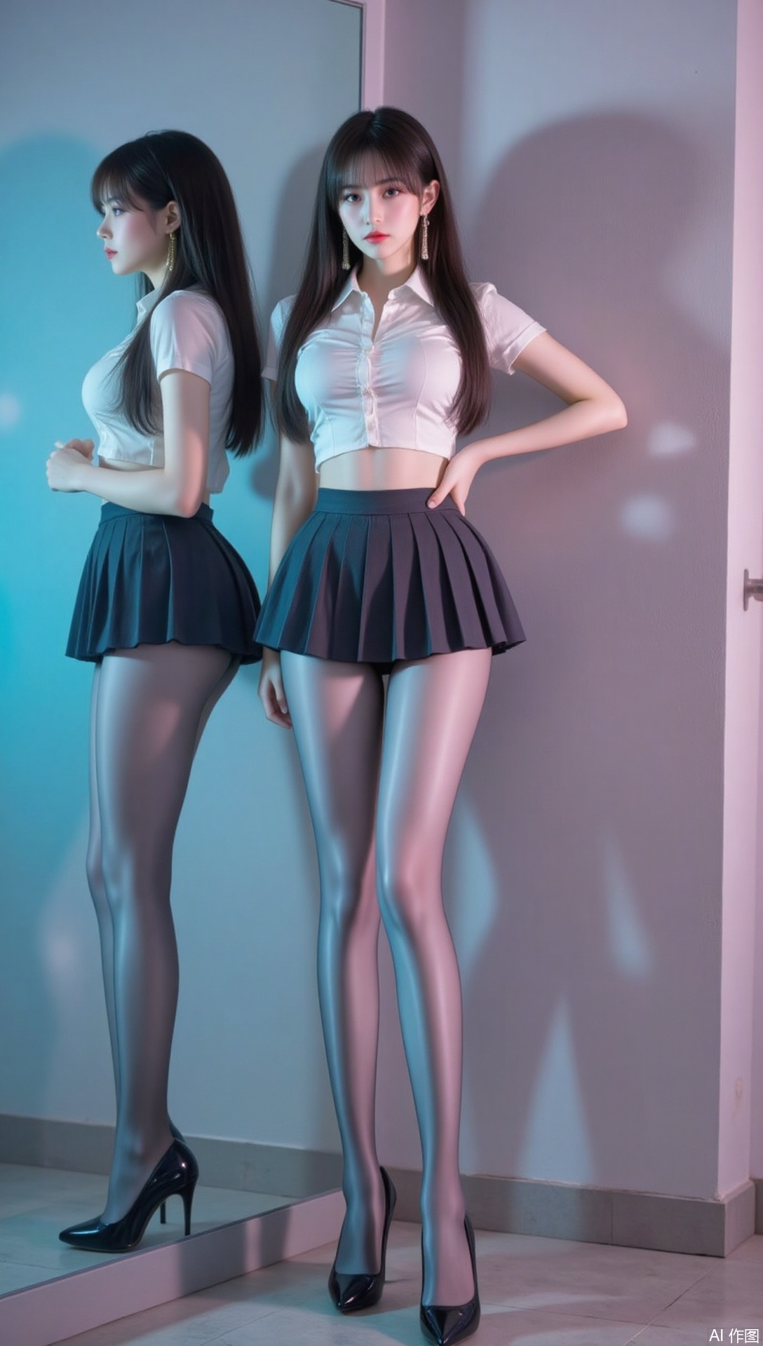 siwataozhuang,long legs,baoshi,lvjing,nvdi,black hair,long hair,blue eyes,fair_skin,jewelry,earrings, 1girl,solo,pantyhose,skirt,breasts,black hair,large breasts,shirt,pleated skirt,full body,white shirt,standing,reflection,black footwear,miniskirt,school uniform,black skirt,indoors,high heels,1,cover,simple background,gradient background,close-up details,outstanding style,adding a touch of dimension to your images without compromising details,close-up,hand on own hip,cover,simple background,gradient background,close-up details,outstanding style,adding a touch of dimension to your images without compromising details,close-up,
lvjing,pifu,nvdi,long legs,
