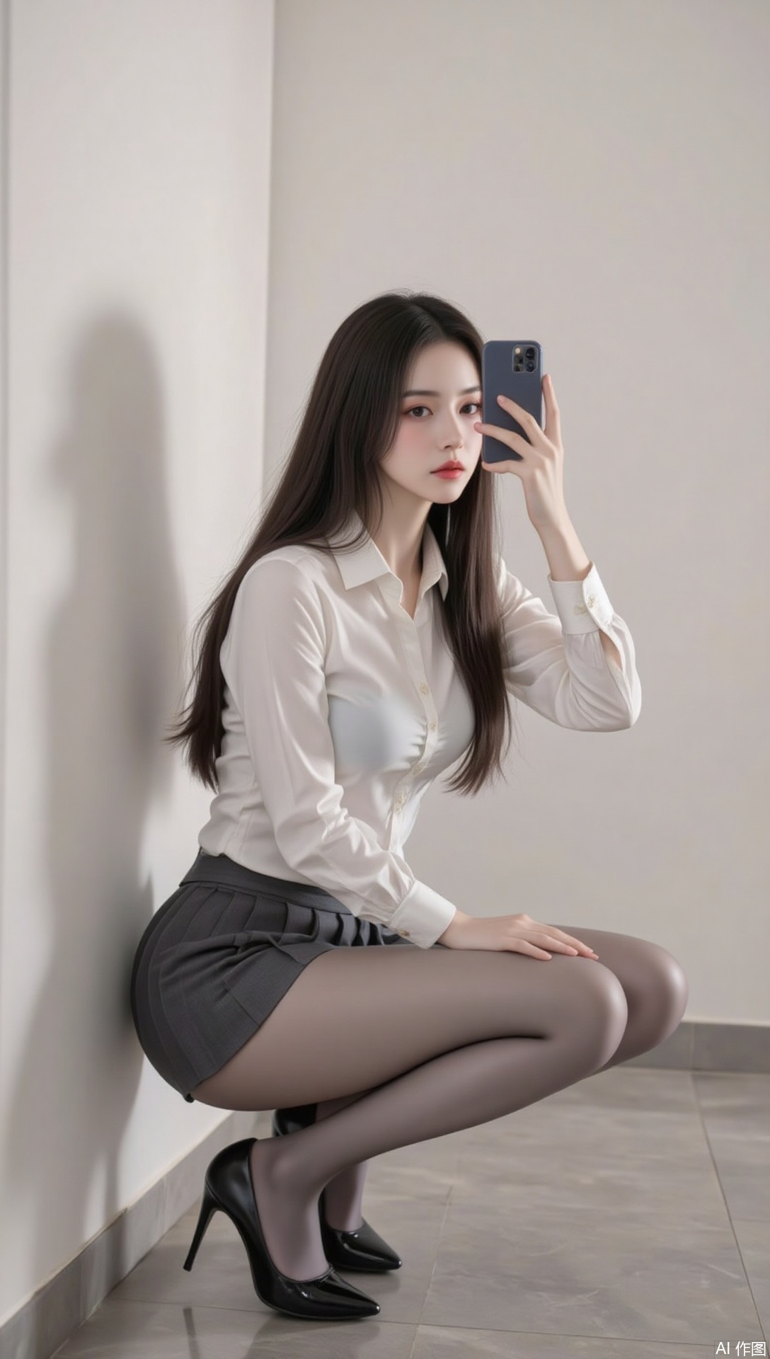 siwataozhuang,1girl,solo,pantyhose,selfie,long hair,skirt,breasts,phone,black hair,cellphone,large breasts,shirt,smartphone,pleated skirt,full body,white shirt,holding phone,squatting,holding,reflection,black footwear,miniskirt,school uniform,black skirt,indoors,high heels,taking picture,1,cover,simple background,gradient background,close-up details,outstanding style,adding a touch of dimension to your images without compromising details,close-up,
lvjing,pifu,nvdi,long legs,