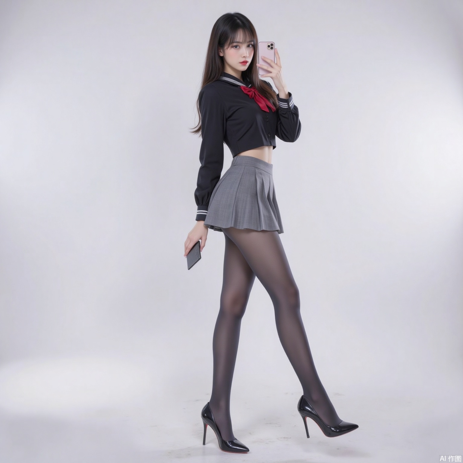 siwataozhuang,1girl,pantyhose,solo,school uniform,skirt,phone,selfie,cellphone,black hair,long hair,white background,serafuku,smartphone,holding phone,black pantyhose,high heels,full body,holding,bow,crossed legs,standing,3,cover,simple background,gradient background,close-up details,outstanding style,adding a touch of dimension to your images without compromising details,close-up,
pifu,nvdi,long legs,