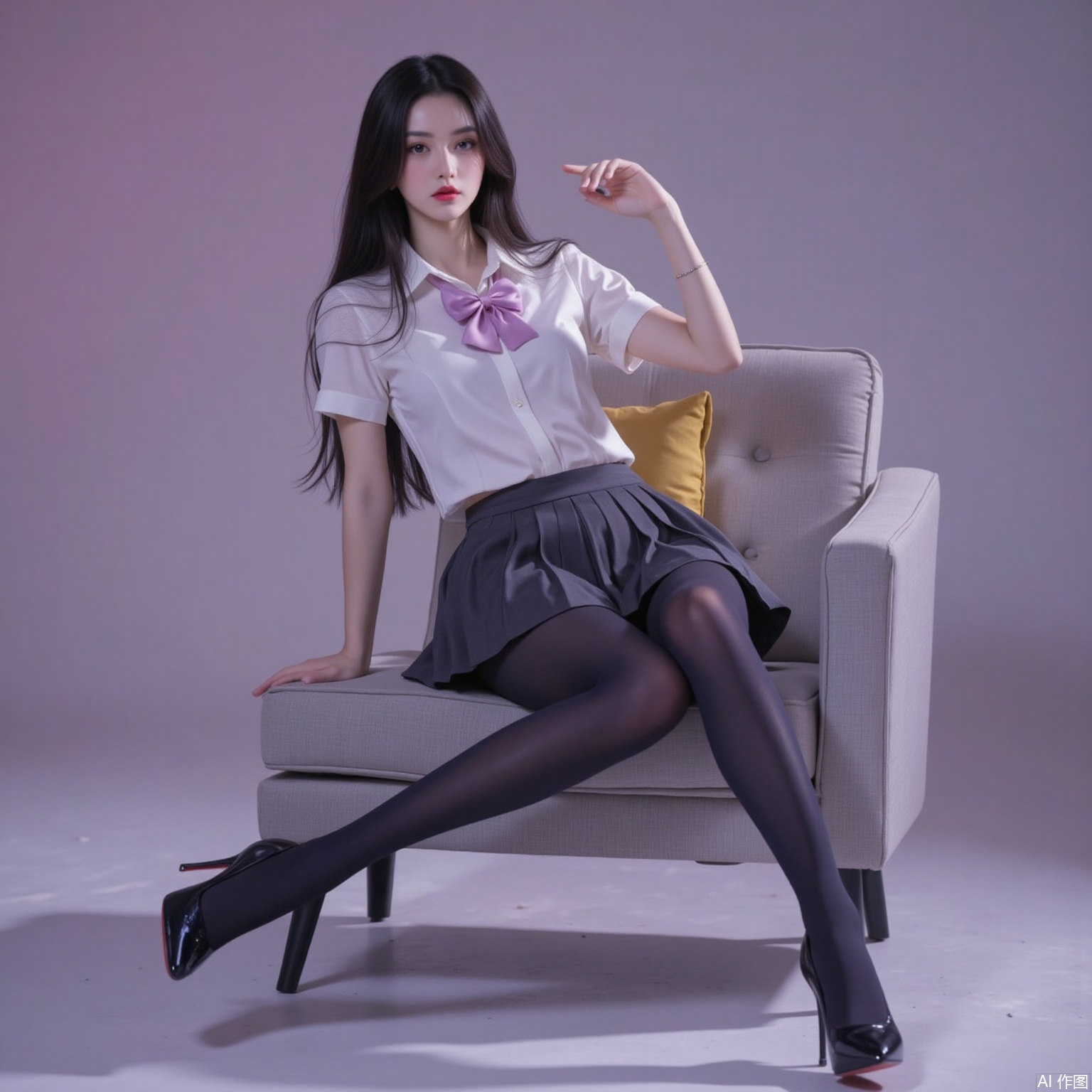 siwataozhuang,1girl,pantyhose,solo,school uniform,skirt,black hair,long hair,serafuku,black pantyhose,high heels,full body,bow,sitting,couch,crossed legs,3,cover,simple background,gradient background,close-up details,outstanding style,adding a touch of dimension to your images without compromising details,close-up,
pifu,nvdi,long legs,