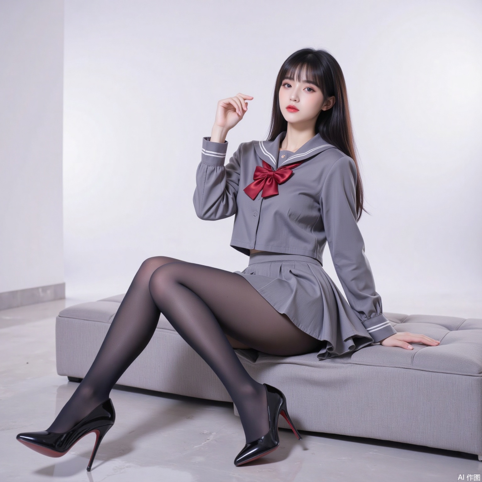 siwataozhuang,1girl,pantyhose,solo,school uniform,skirt,black hair,long hair,serafuku,black pantyhose,white background,high heels,full body,bow,sitting,couch,crossed legs,3,cover,simple background,gradient background,close-up details,outstanding style,adding a touch of dimension to your images without compromising details,close-up,
pifu,nvdi,long legs,