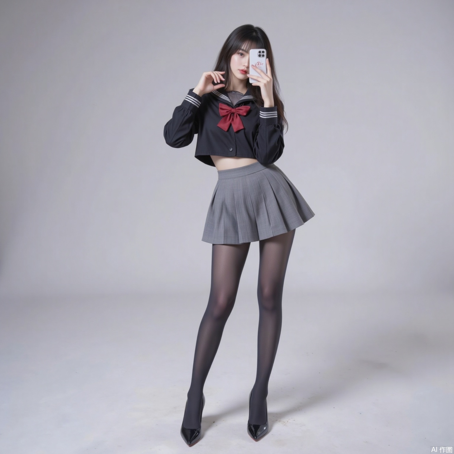 siwataozhuang,1girl,pantyhose,solo,school uniform,skirt,phone,selfie,cellphone,black hair,long hair,white background,serafuku,smartphone,holding phone,black pantyhose,high heels,full body,holding,bow,crossed legs,standing,3,cover,simple background,gradient background,close-up details,outstanding style,adding a touch of dimension to your images without compromising details,close-up,
pifu,nvdi,long legs,