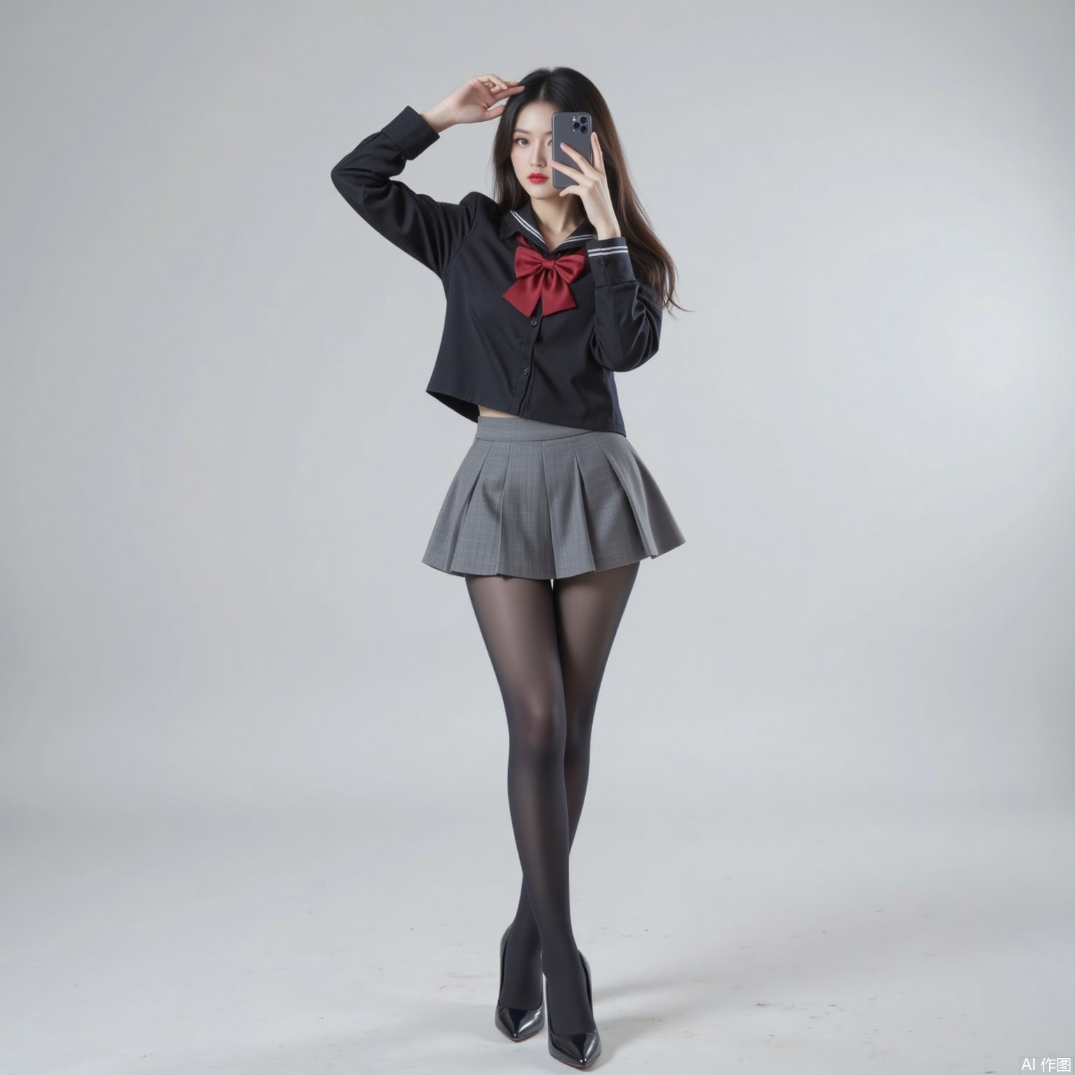 siwataozhuang,1girl,pantyhose,solo,school uniform,skirt,phone,selfie,cellphone,black hair,long hair,white background,serafuku,smartphone,holding phone,black pantyhose,high heels,full body,holding,bow,crossed legs,standing,3,cover,simple background,gradient background,close-up details,outstanding style,adding a touch of dimension to your images without compromising details,close-up,
pifu,nvdi,long legs,
