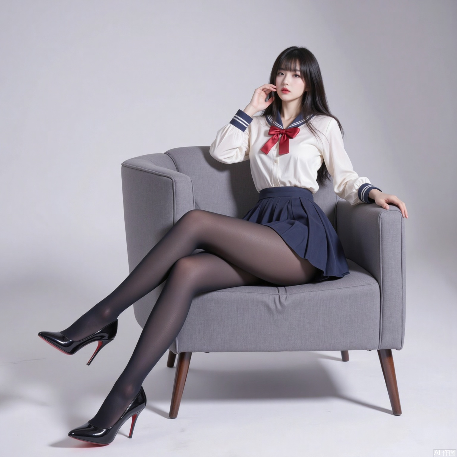 siwataozhuang,1girl,pantyhose,solo,school uniform,skirt,black hair,long hair,serafuku,black pantyhose,white background,high heels,full body,bow,sitting,couch,crossed legs,3,cover,simple background,gradient background,close-up details,outstanding style,adding a touch of dimension to your images without compromising details,close-up,
pifu,nvdi,long legs,