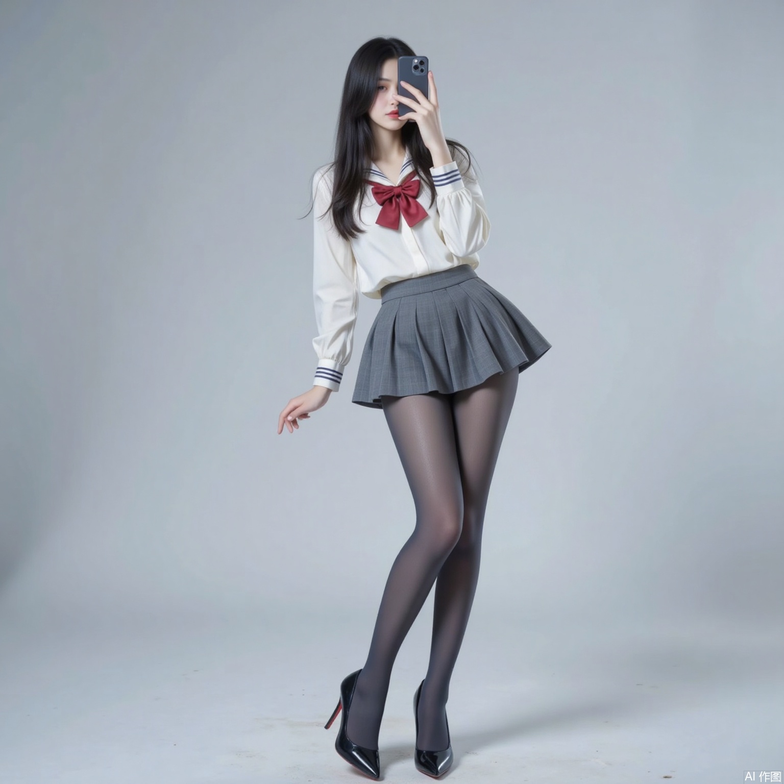 siwataozhuang,1girl,pantyhose,solo,school uniform,skirt,phone,selfie,cellphone,black hair,long hair,serafuku,smartphone,holding phone,black pantyhose,high heels,full body,holding,bow,crossed legs,standing,3,cover,simple background,gradient background,close-up details,outstanding style,adding a touch of dimension to your images without compromising details,close-up,
pifu,nvdi,long legs,