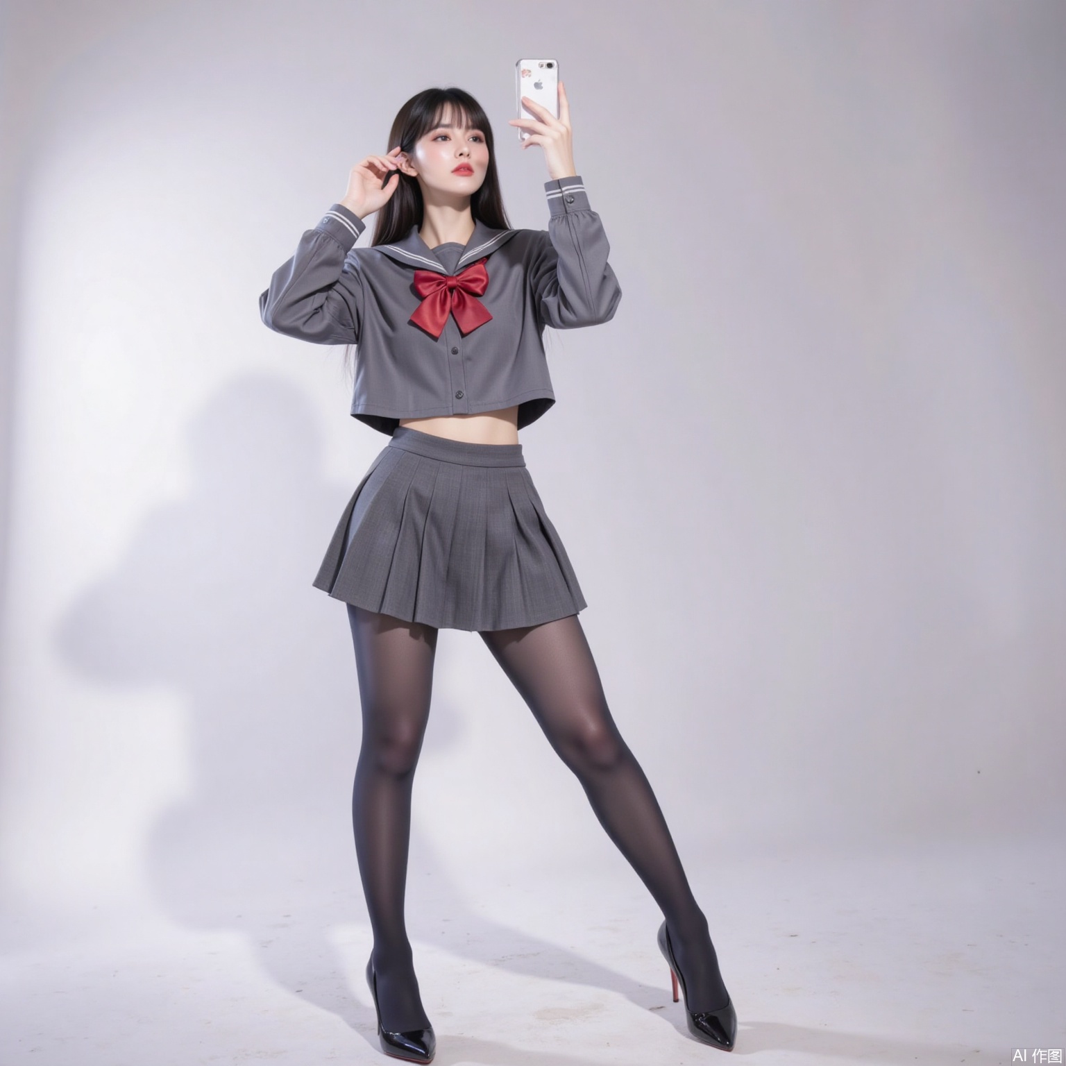 siwataozhuang,1girl,pantyhose,solo,school uniform,skirt,phone,selfie,cellphone,black hair,long hair,white background,serafuku,smartphone,holding phone,black pantyhose,high heels,full body,holding,bow,crossed legs,standing,3,cover,simple background,gradient background,close-up details,outstanding style,adding a touch of dimension to your images without compromising details,close-up,
pifu,nvdi,long legs,