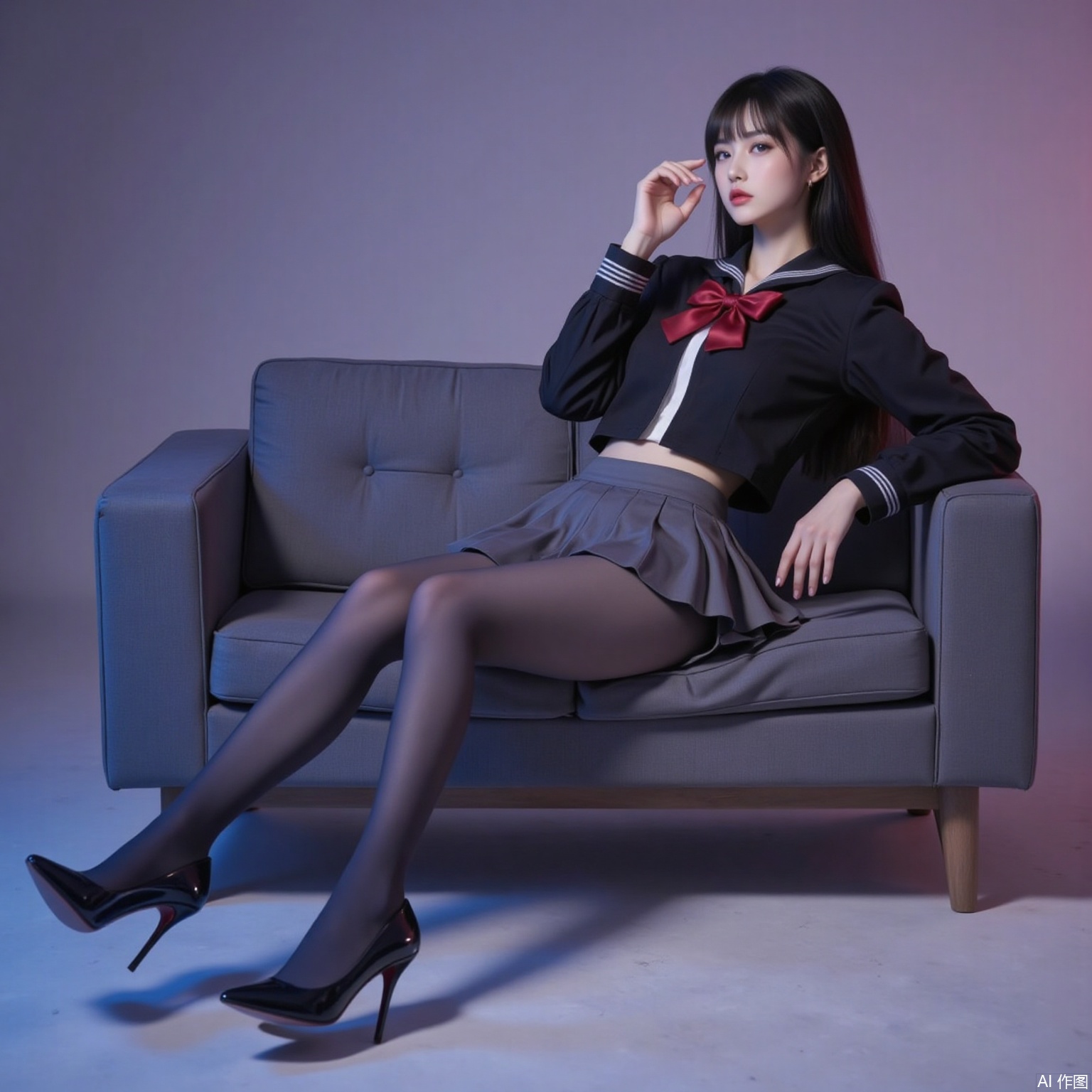siwataozhuang,1girl,pantyhose,solo,school uniform,skirt,black hair,long hair,serafuku,black pantyhose,high heels,full body,bow,sitting,couch,crossed legs,3,cover,simple background,gradient background,close-up details,outstanding style,adding a touch of dimension to your images without compromising details,close-up,
pifu,nvdi,long legs,