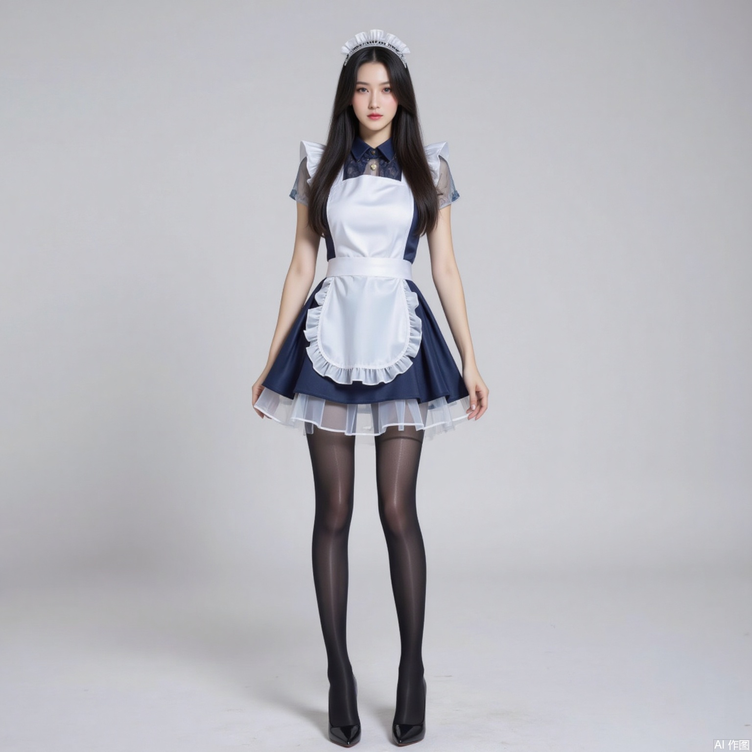 siwataozhuang,1girl,solo,pantyhose,long hair,black hair,maid,apron,maid headdress,high heels,black pantyhose,see-through,maid apron,dress,white_background,full body,standing,black footwear,indoors,short sleeves,skirt,3,
pifu,nvdi,long legs,