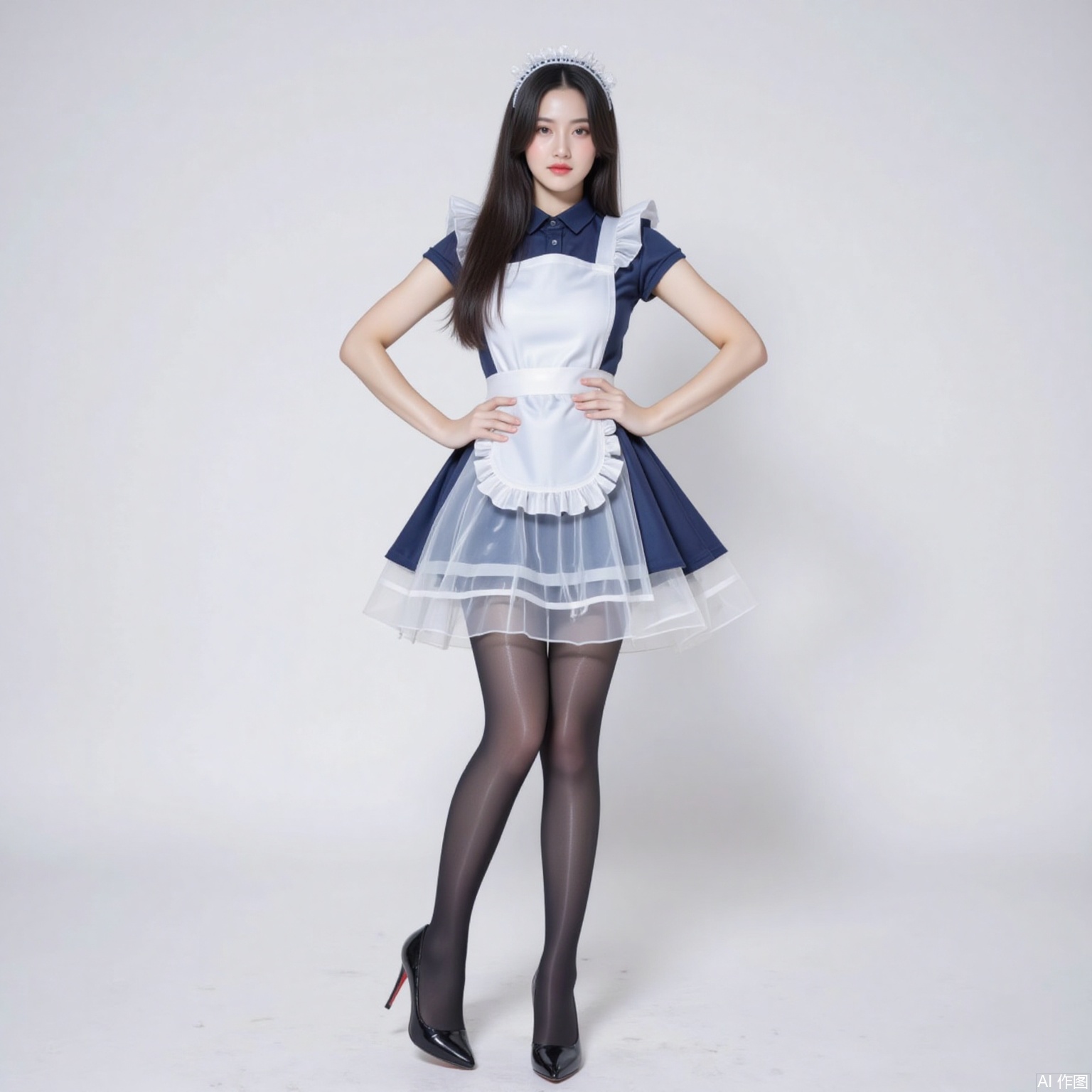 siwataozhuang,1girl,solo,pantyhose,long hair,black hair,maid,apron,maid headdress,high heels,black pantyhose,see-through,maid apron,dress,white_background,full body,standing,black footwear,indoors,short sleeves,skirt,3,
pifu,nvdi,long legs,