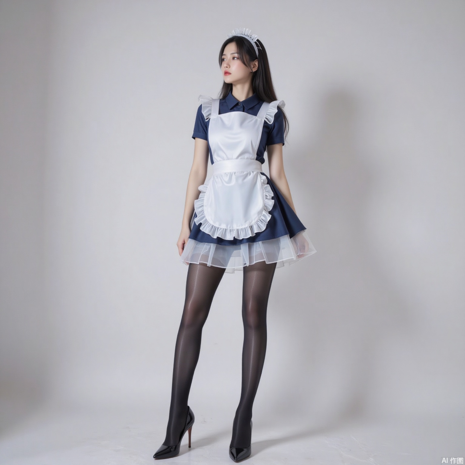 siwataozhuang,1girl,solo,pantyhose,long hair,black hair,maid,apron,maid headdress,high heels,black pantyhose,see-through,maid apron,dress,white_background,full body,standing,black footwear,indoors,short sleeves,skirt,3,
pifu,nvdi,long legs,