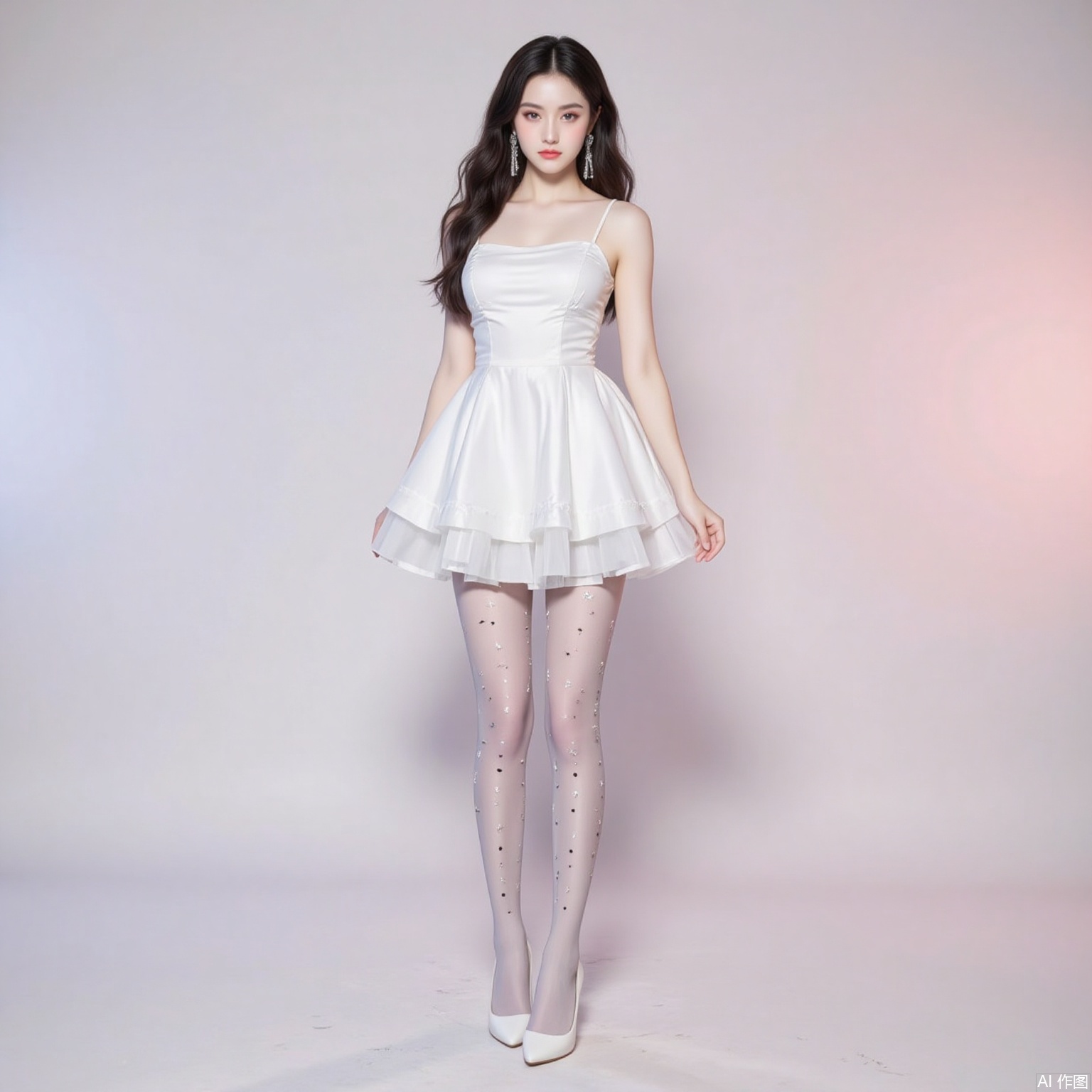 siwataozhuang,nvdi,
black hair,long hair,blue eyes,fair_skin,jewelry,earrings,1girl,solo,pantyhose,long hair,high heels,dress,black hair,white dress,full body,breasts,standing,white_background,white footwear,3,cover,simple background,gradient background,close-up details,outstanding style,adding a touch of dimension to your images without compromising details,close-up,
pifu,nvdi,long legs,