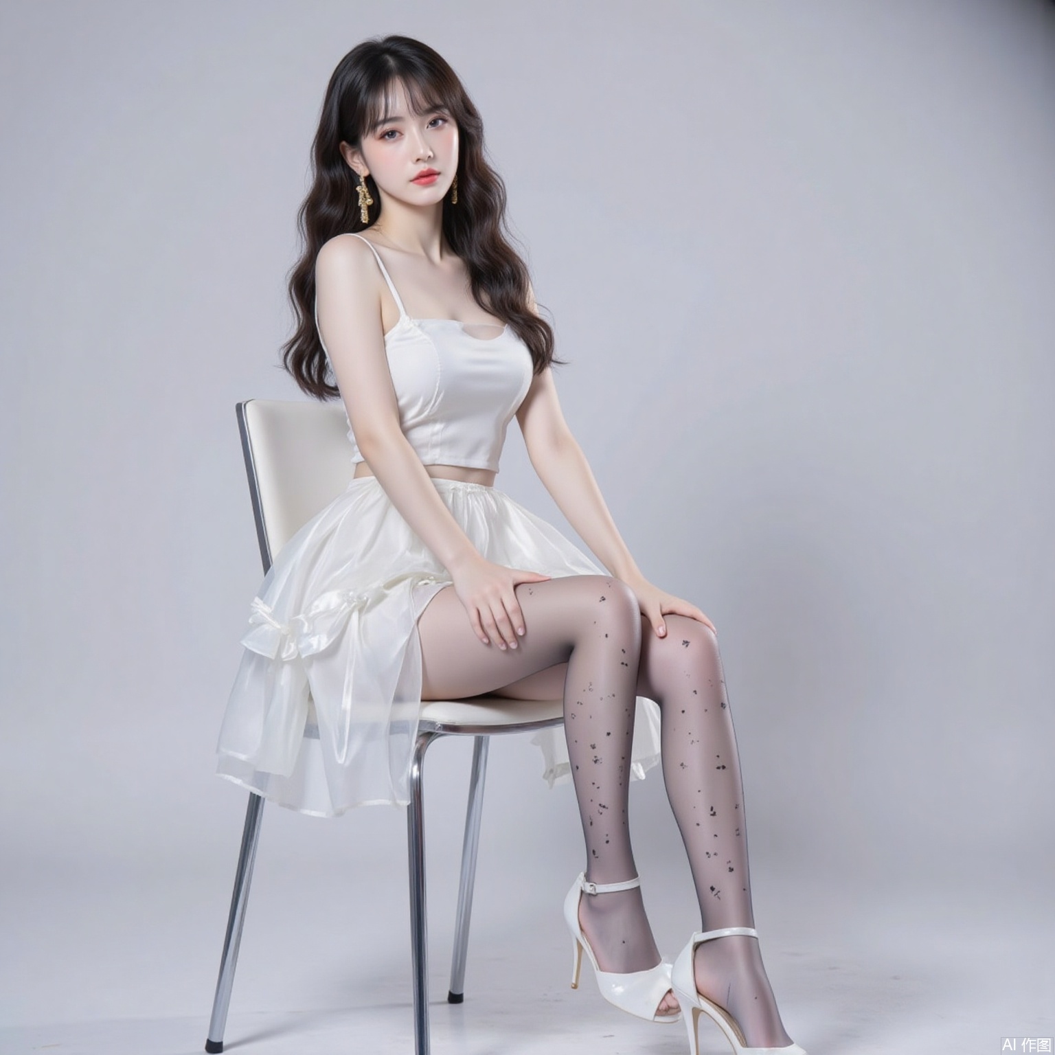 siwataozhuang,nvdi,
black hair,long hair,blue eyes,fair_skin,jewelry,earrings,1girl,solo,pantyhose,long hair,high heels,dress,sitting,chair,black hair,white dress,full body,crossed_legs,breasts,white_background,white footwear,3,cover,simple background,gradient background,close-up details,outstanding style,adding a touch of dimension to your images without compromising details,close-up,
pifu,nvdi,long legs,