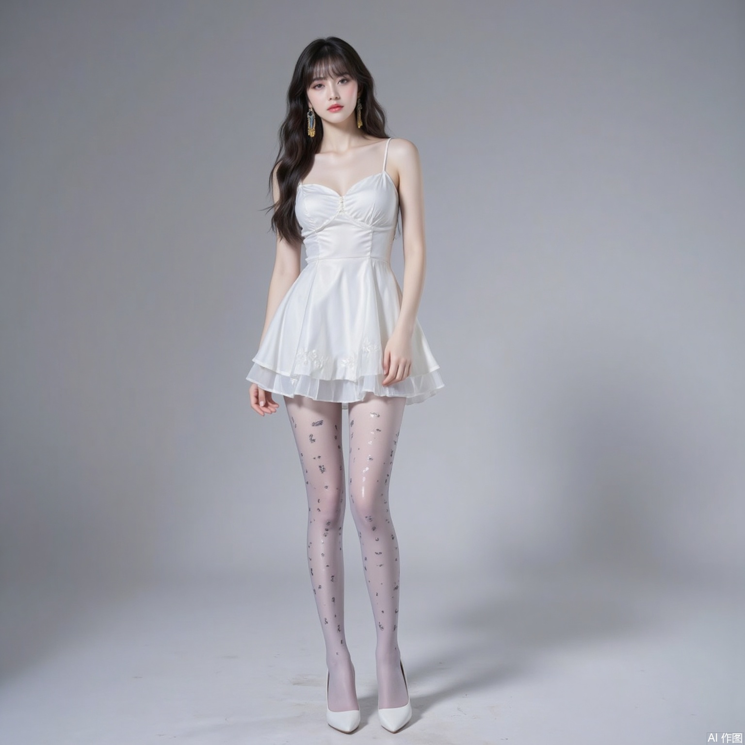 siwataozhuang,nvdi,
black hair,long hair,blue eyes,fair_skin,jewelry,earrings,1girl,solo,pantyhose,long hair,high heels,dress,black hair,white dress,full body,breasts,standing,white_background,white footwear,3,cover,simple background,gradient background,close-up details,outstanding style,adding a touch of dimension to your images without compromising details,close-up,
pifu,nvdi,long legs,