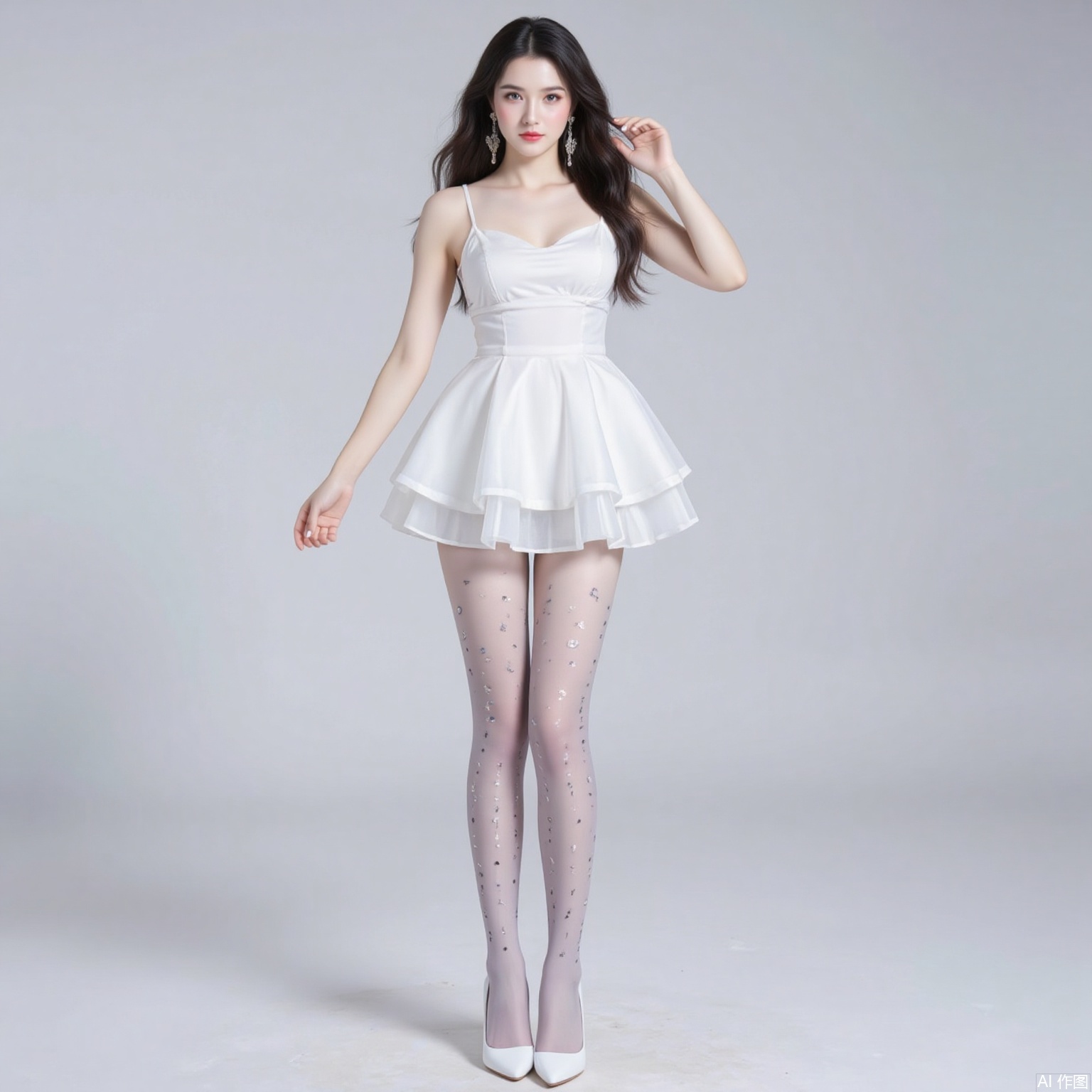 siwataozhuang,nvdi,
black hair,long hair,blue eyes,fair_skin,jewelry,earrings,1girl,solo,pantyhose,long hair,high heels,dress,black hair,white dress,full body,breasts,standing,white_background,white footwear,3,cover,simple background,gradient background,close-up details,outstanding style,adding a touch of dimension to your images without compromising details,close-up,
pifu,nvdi,long legs,