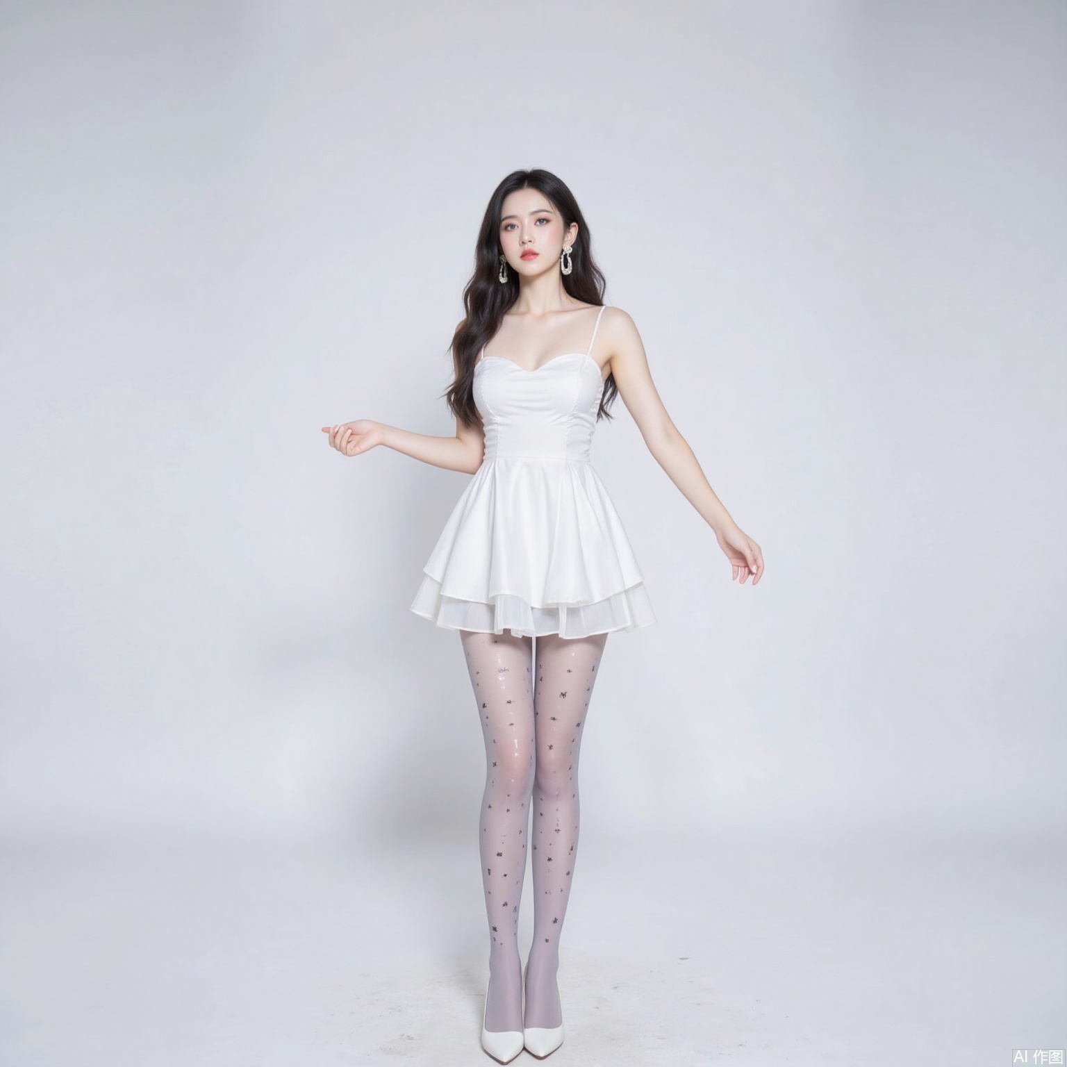 siwataozhuang,nvdi,
black hair,long hair,blue eyes,fair_skin,jewelry,earrings,1girl,solo,pantyhose,long hair,high heels,dress,black hair,white dress,full body,breasts,standing,white_background,white footwear,3,cover,simple background,gradient background,close-up details,outstanding style,adding a touch of dimension to your images without compromising details,close-up,
pifu,nvdi,long legs,