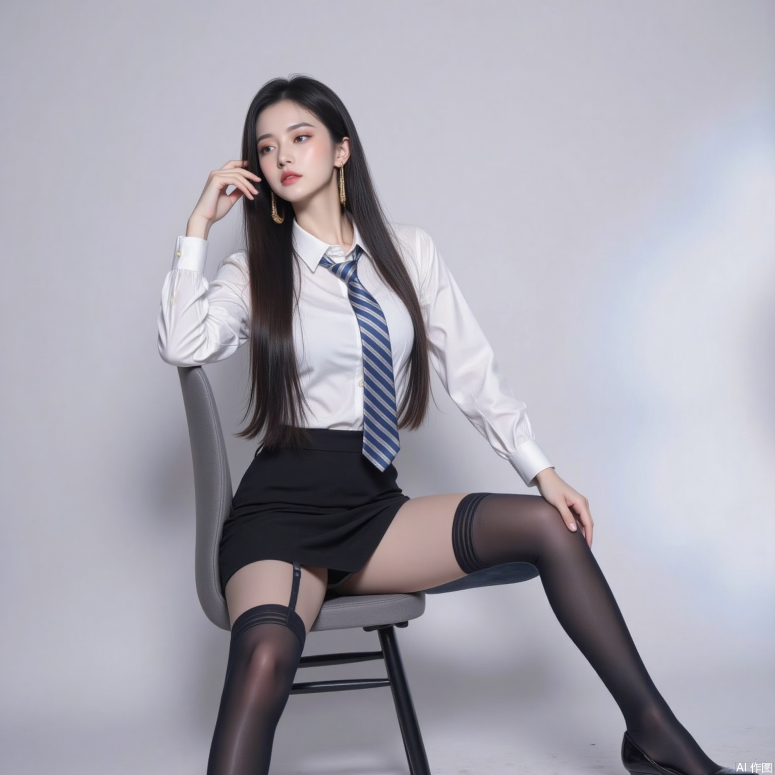 siwataozhuang,nvdi,
black hair,long hair,blue eyes,fair_skin,jewelry,earrings,1girl,solo,high heels,necktie,black hair,shirt,long hair,white shirt,skirt,sitting,white_background,chair,crossed_legs,pencil skirt,thighhighs,breasts,striped necktie,pantyhose,black footwear,collared shirt,black skirt,large breasts,blue necktie,full body,long sleeves,garter straps,high-waist skirt,office lady,black thighhighs,miniskirt,4,cover,simple background,gradient background,close-up details,outstanding style,adding a touch of dimension to your images without compromising details,close-up,
pifu,nvdi,long legs,