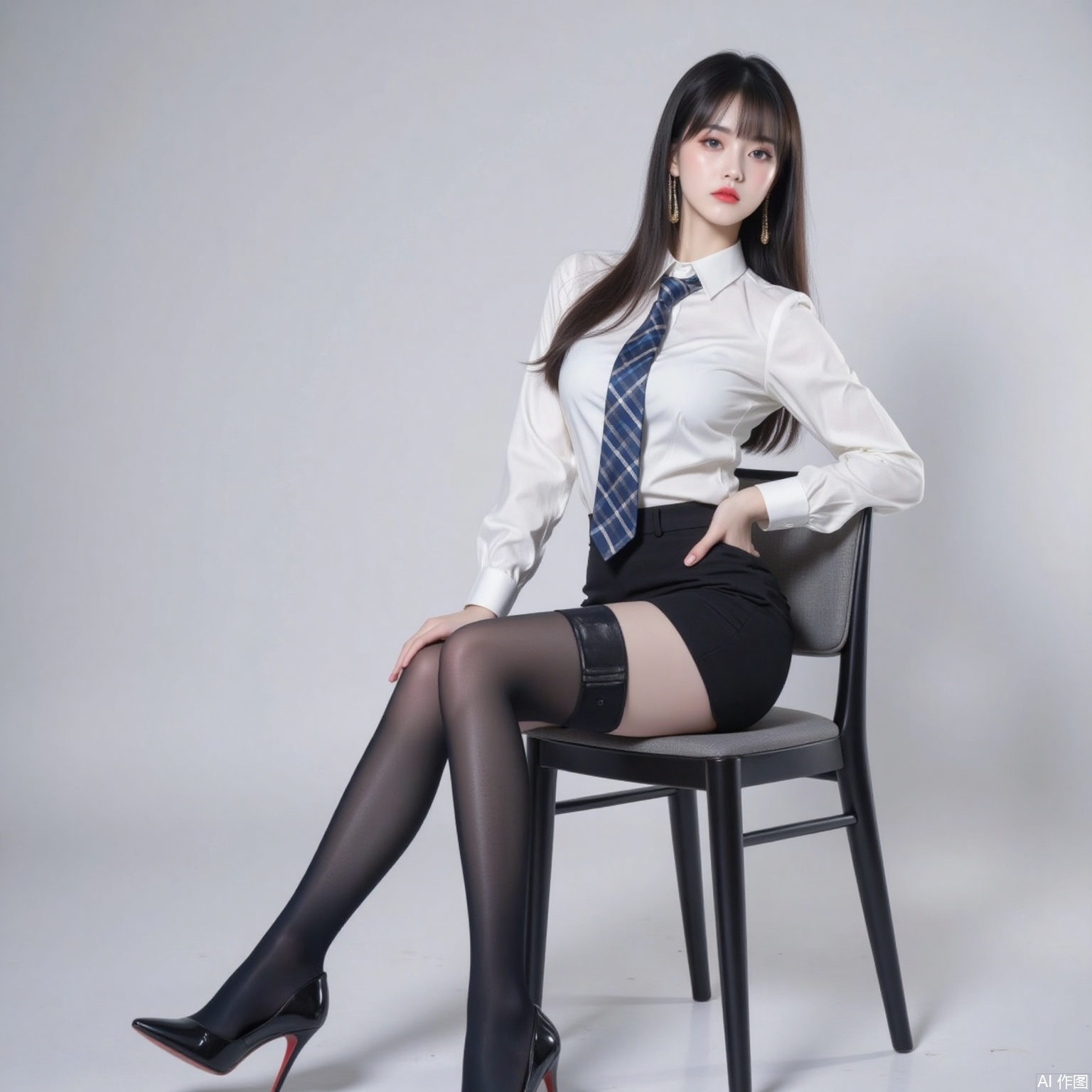 siwataozhuang,nvdi,
black hair,long hair,blue eyes,fair_skin,jewelry,earrings,1girl,solo,high heels,necktie,black hair,shirt,long hair,white shirt,skirt,sitting,white_background,chair,crossed_legs,pencil skirt,thighhighs,breasts,striped necktie,pantyhose,black footwear,collared shirt,black skirt,large breasts,blue necktie,full body,long sleeves,garter straps,high-waist skirt,office lady,black thighhighs,miniskirt,4,cover,simple background,gradient background,close-up details,outstanding style,adding a touch of dimension to your images without compromising details,close-up,
pifu,nvdi,long legs,