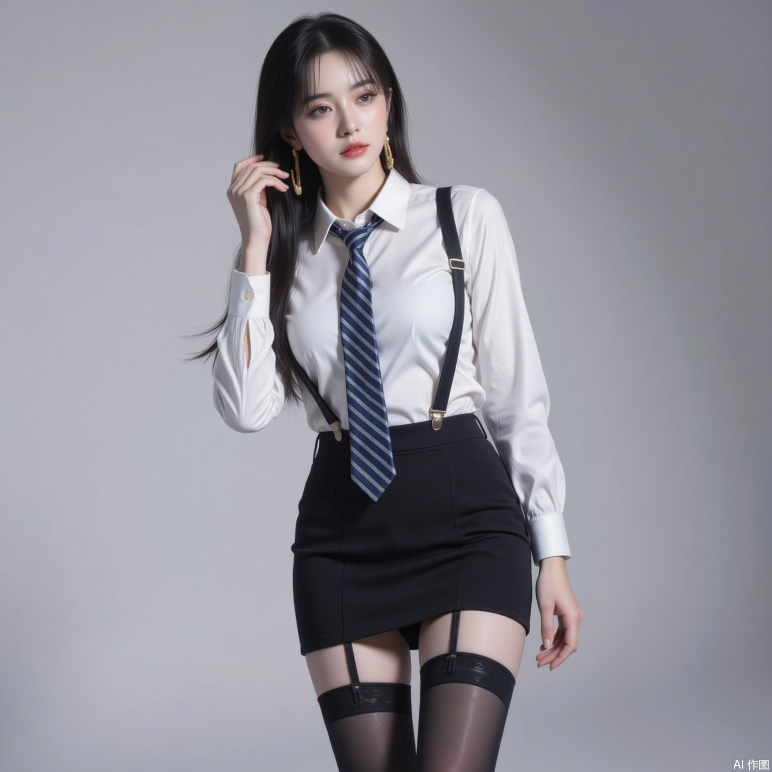siwataozhuang,nvdi,
black hair,long hair,blue eyes,fair_skin,jewelry,earrings,1girl,solo,high heels,necktie,black hair,shirt,standing,white_background,long hair,white shirt,skirt,pencil skirt,thighhighs,breasts,striped necktie,pantyhose,black footwear,collared shirt,black skirt,large breasts,blue necktie,full body,long sleeves,garter straps,high-waist skirt,office lady,black thighhighs,miniskirt,4,cover,simple background,gradient background,close-up details,outstanding style,adding a touch of dimension to your images without compromising details,close-up,
pifu,nvdi,long legs,