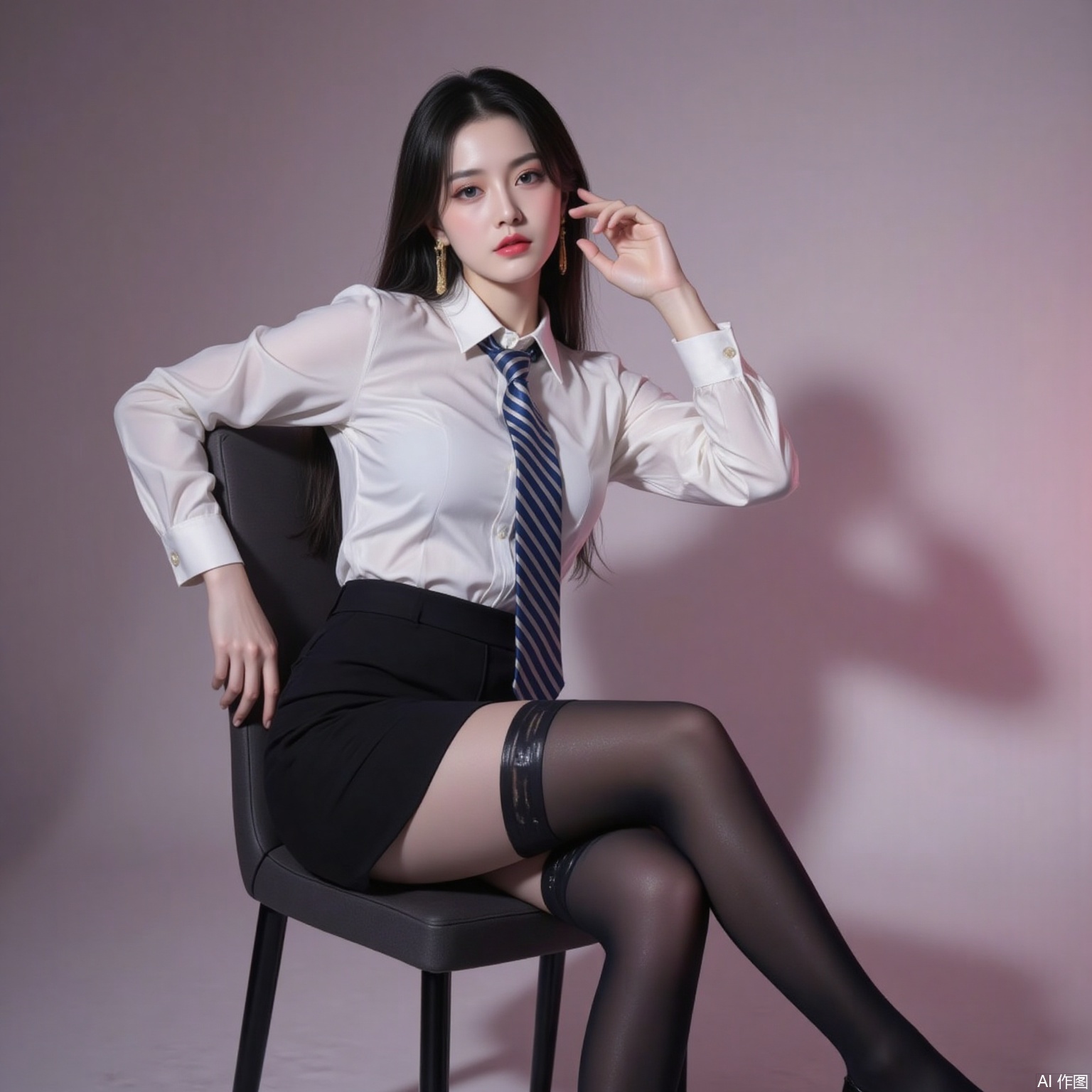 siwataozhuang,nvdi,
black hair,long hair,blue eyes,fair_skin,jewelry,earrings,1girl,solo,high heels,necktie,black hair,shirt,long hair,white shirt,skirt,sitting,chair,crossed_legs,pencil skirt,thighhighs,breasts,striped necktie,pantyhose,black footwear,collared shirt,black skirt,large breasts,blue necktie,full body,long sleeves,garter straps,high-waist skirt,office lady,black thighhighs,miniskirt,4,cover,simple background,gradient background,close-up details,outstanding style,adding a touch of dimension to your images without compromising details,close-up,
pifu,nvdi,long legs,