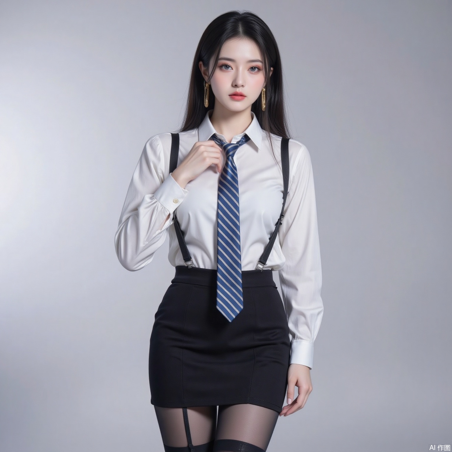 siwataozhuang,nvdi,
black hair,long hair,blue eyes,fair_skin,jewelry,earrings,1girl,solo,high heels,necktie,black hair,shirt,standing,white_background,long hair,white shirt,skirt,pencil skirt,thighhighs,breasts,striped necktie,pantyhose,black footwear,collared shirt,black skirt,large breasts,blue necktie,full body,long sleeves,garter straps,high-waist skirt,office lady,black thighhighs,miniskirt,4,cover,simple background,gradient background,close-up details,outstanding style,adding a touch of dimension to your images without compromising details,close-up,
pifu,nvdi,long legs,