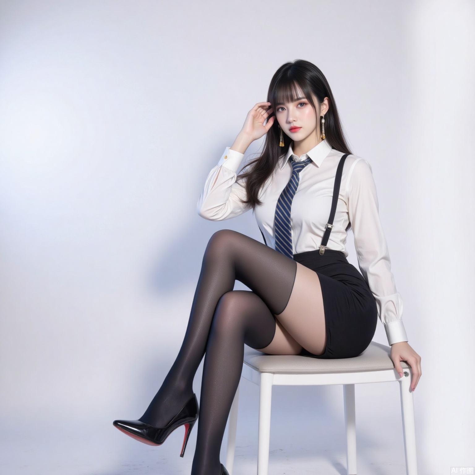 siwataozhuang,nvdi,
black hair,long hair,blue eyes,fair_skin,jewelry,earrings,1girl,solo,high heels,necktie,black hair,shirt,long hair,white shirt,skirt,sitting,white_background,chair,crossed_legs,pencil skirt,thighhighs,breasts,striped necktie,pantyhose,black footwear,collared shirt,black skirt,large breasts,blue necktie,full body,long sleeves,garter straps,high-waist skirt,office lady,black thighhighs,miniskirt,4,cover,simple background,gradient background,close-up details,outstanding style,adding a touch of dimension to your images without compromising details,close-up,
pifu,nvdi,long legs,