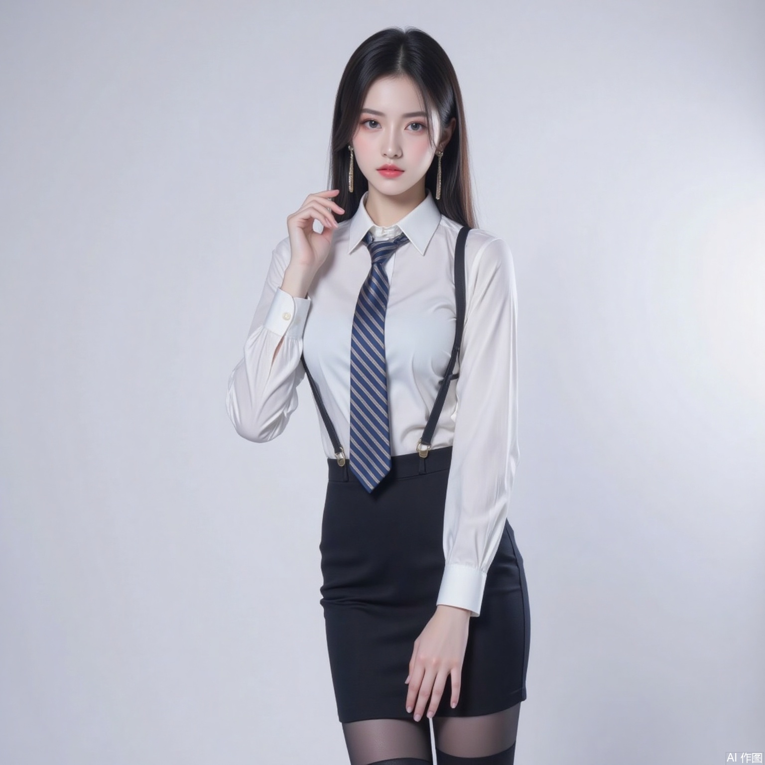siwataozhuang,nvdi,
black hair,long hair,blue eyes,fair_skin,jewelry,earrings,1girl,solo,high heels,necktie,black hair,shirt,standing,white_background,long hair,white shirt,skirt,pencil skirt,thighhighs,breasts,striped necktie,pantyhose,black footwear,collared shirt,black skirt,large breasts,blue necktie,full body,long sleeves,garter straps,high-waist skirt,office lady,black thighhighs,miniskirt,4,cover,simple background,gradient background,close-up details,outstanding style,adding a touch of dimension to your images without compromising details,close-up,
pifu,nvdi,long legs,
