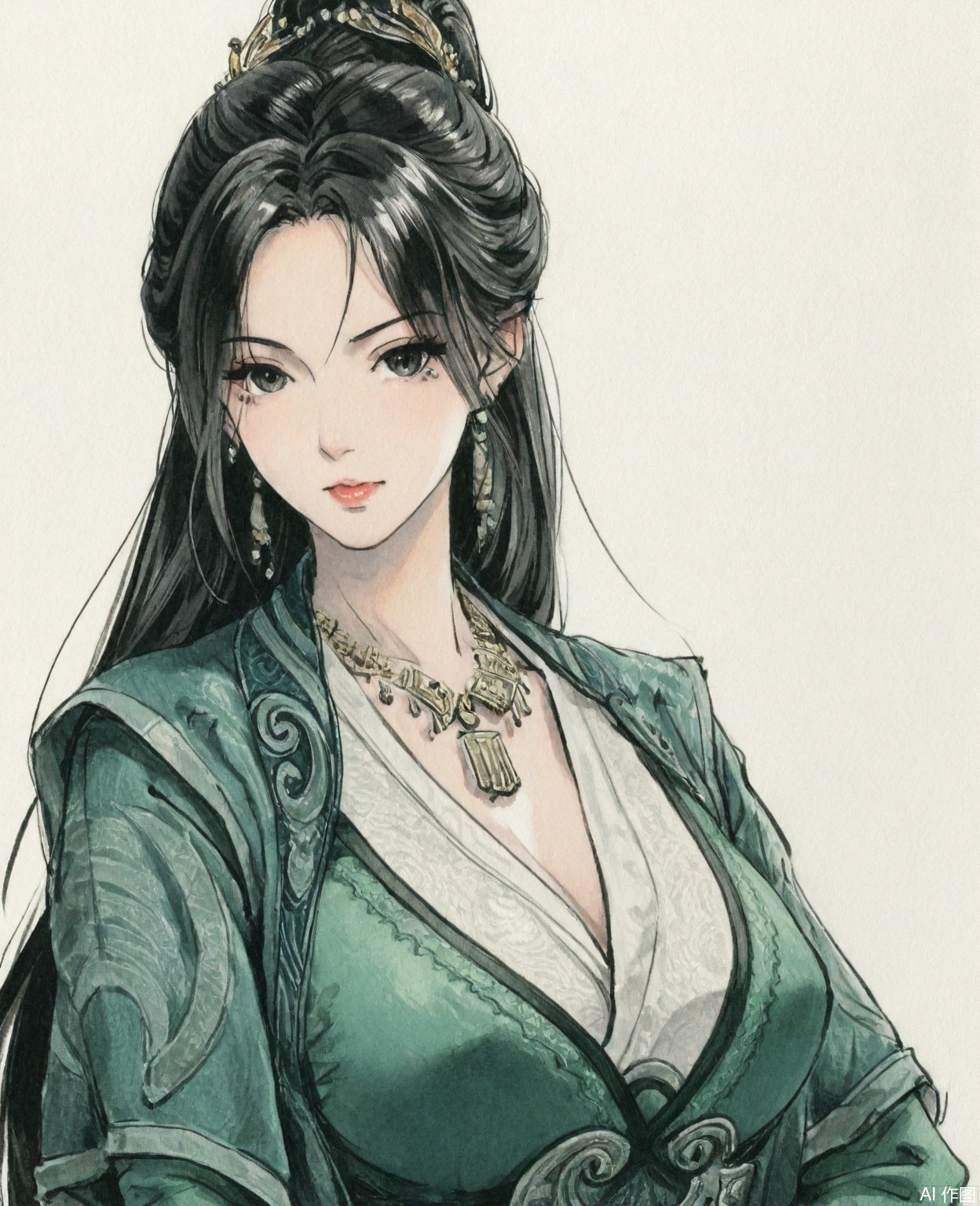 ((very awa)),(solo),highly detailed,(best quality),((masterpiece)),1girl,chi,,ge,,traditional media,painting \(medium\),watercolor \(medium\),looking_at_viewer,simple background,white_background,large breasts,,mupeiling,long hair,hair ornament,earrings,necklace,ponytail,green dress,upper body,mature_female,black eyes,