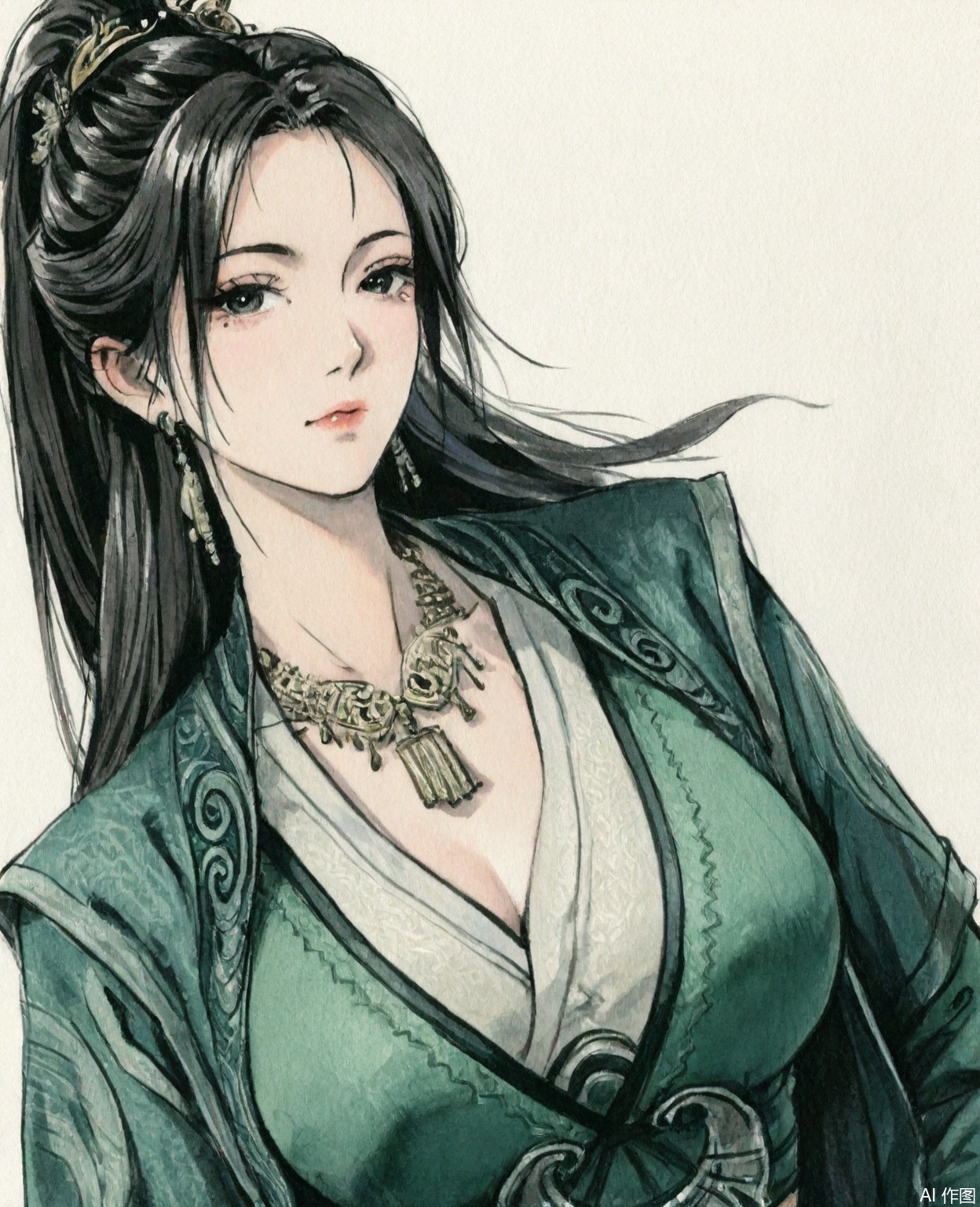((very awa)),(solo),highly detailed,(best quality),((masterpiece)),1girl,chi,,ge,,traditional media,painting \(medium\),watercolor \(medium\),looking_at_viewer,simple background,white_background,large breasts,,mupeiling,long hair,hair ornament,earrings,necklace,ponytail,green dress,upper body,mature_female,black eyes,